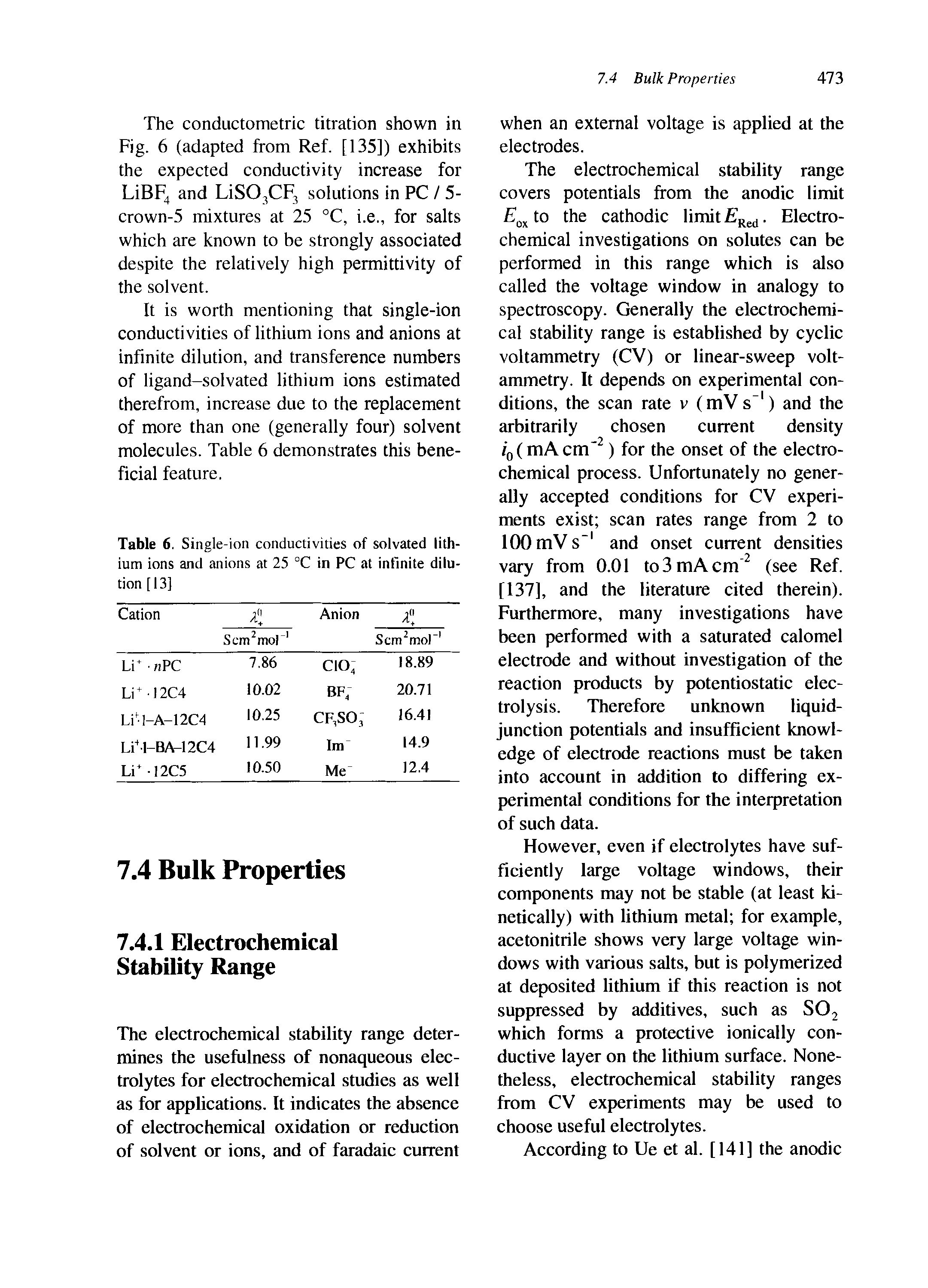 Table 6. Single-ion conductivities of solvated lithium ions and anions at 25 °C in PC at infinite dilution [13]...