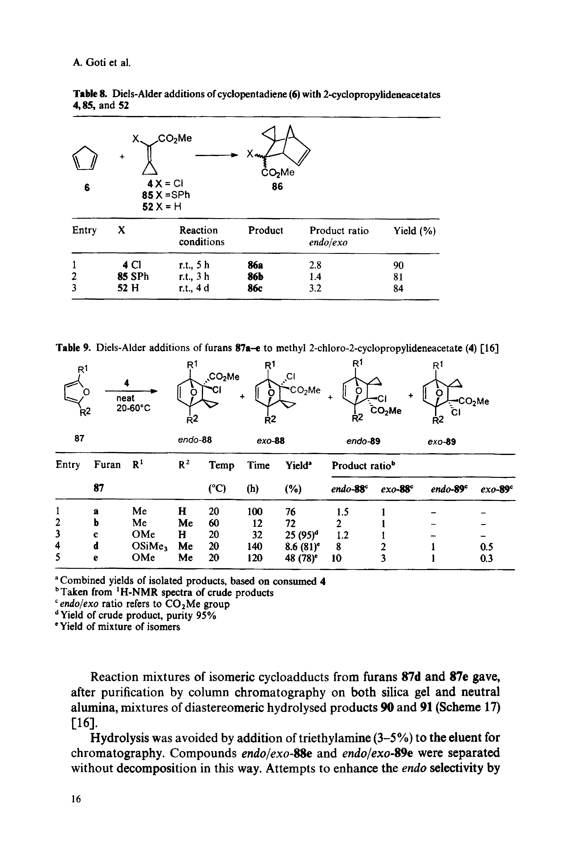 Table 8. Diels-Alder additions of cyclopentadiene (6) with 2-cyclopropylideneacetates 4,85, and 52...