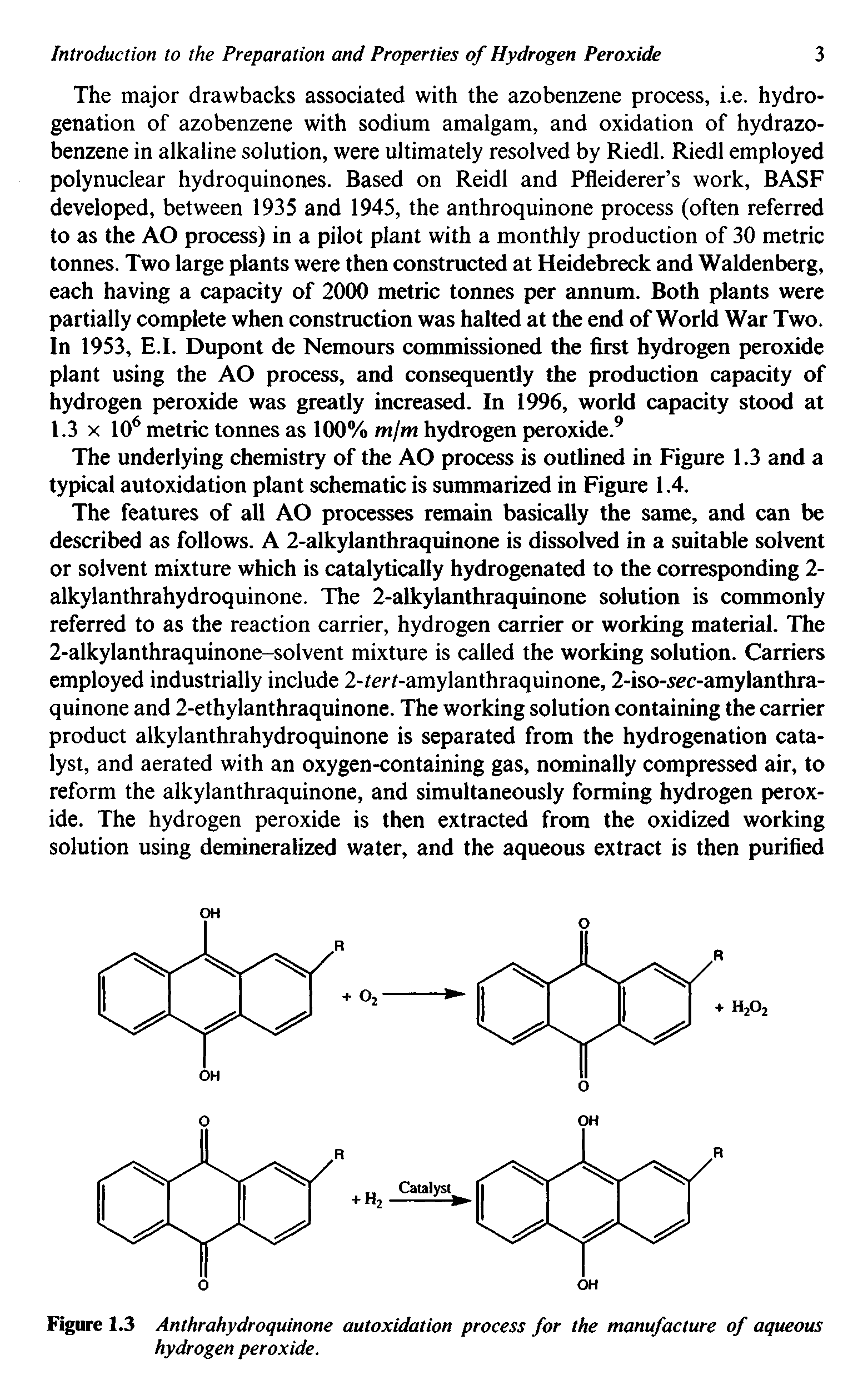 Figure 1.3 Anthrahydroquinone autoxidation process for the manufacture of aqueous hydrogen peroxide.