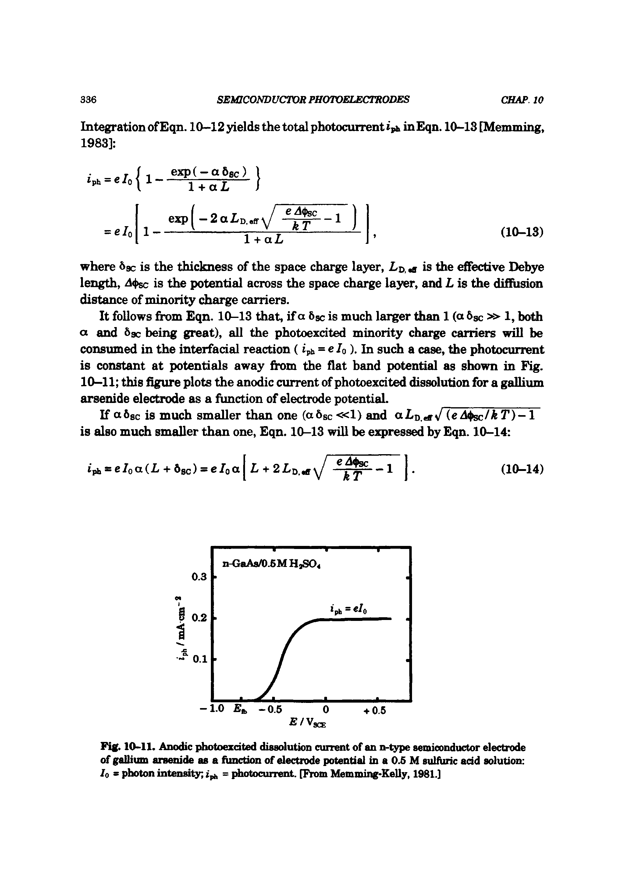 Fig. 10-11. Anodic photoexcited dissolution current of an n-type semiconductor electrode of gallium arsenide as a function of electrode potential in a 0.6 M sulfuric add solution lo - photon intensity = diotocurrent. [From Memming-Kelly, 1981.]...