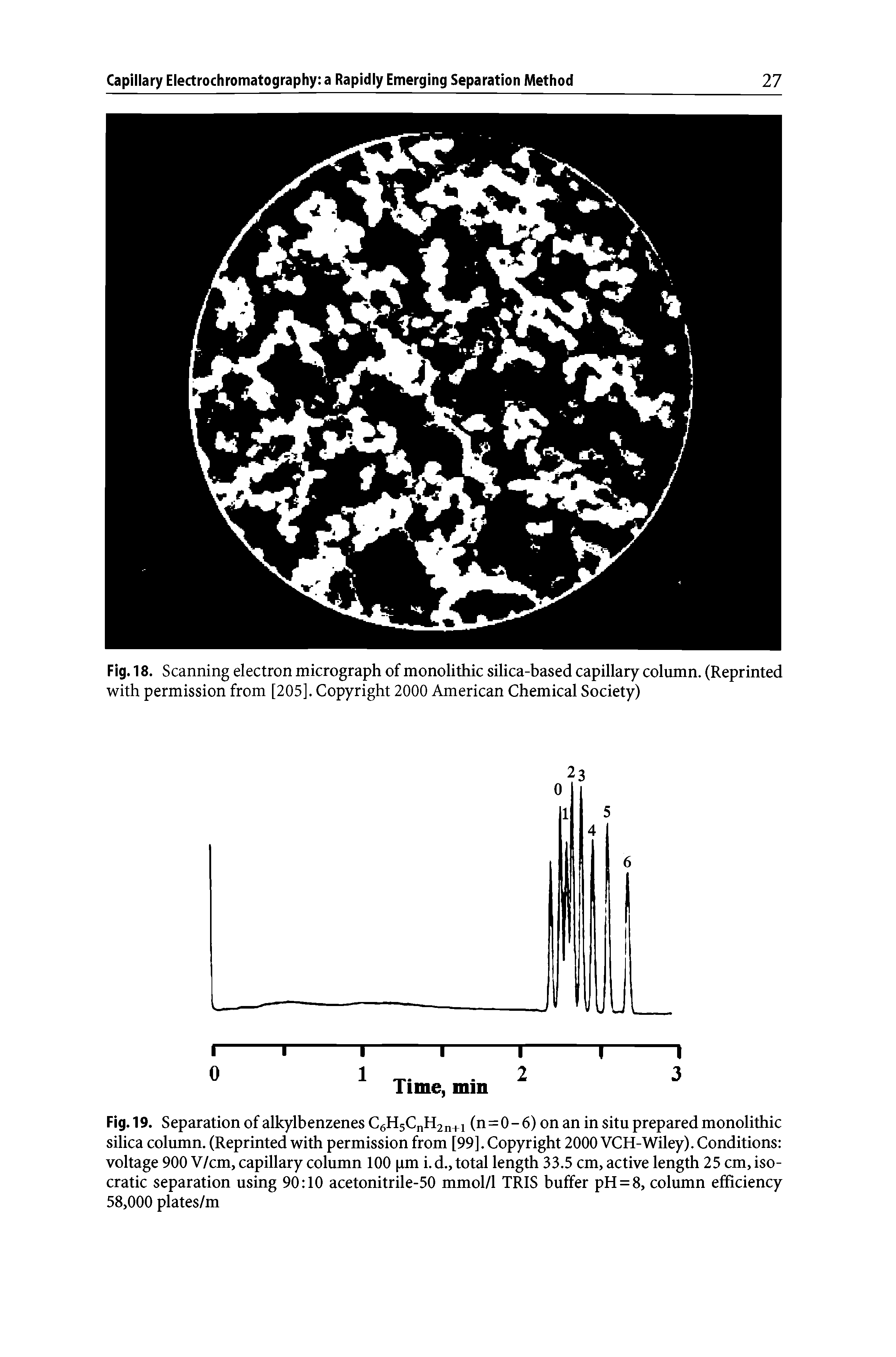 Fig. 19. Separation of alkylbenzenes C6H5CnH2n+1 (n=0-6) on an in situ prepared monolithic silica column. (Reprinted with permission from [99]. Copyright 2000 VCH-Wiley). Conditions voltage 900 V/cm, capillary column 100 pm i. d., total length 33.5 cm, active length 25 cm, iso-cratic separation using 90 10 acetonitrile-50 mmol/1 TRIS buffer pH = 8, column efficiency 58,000 plates/m...