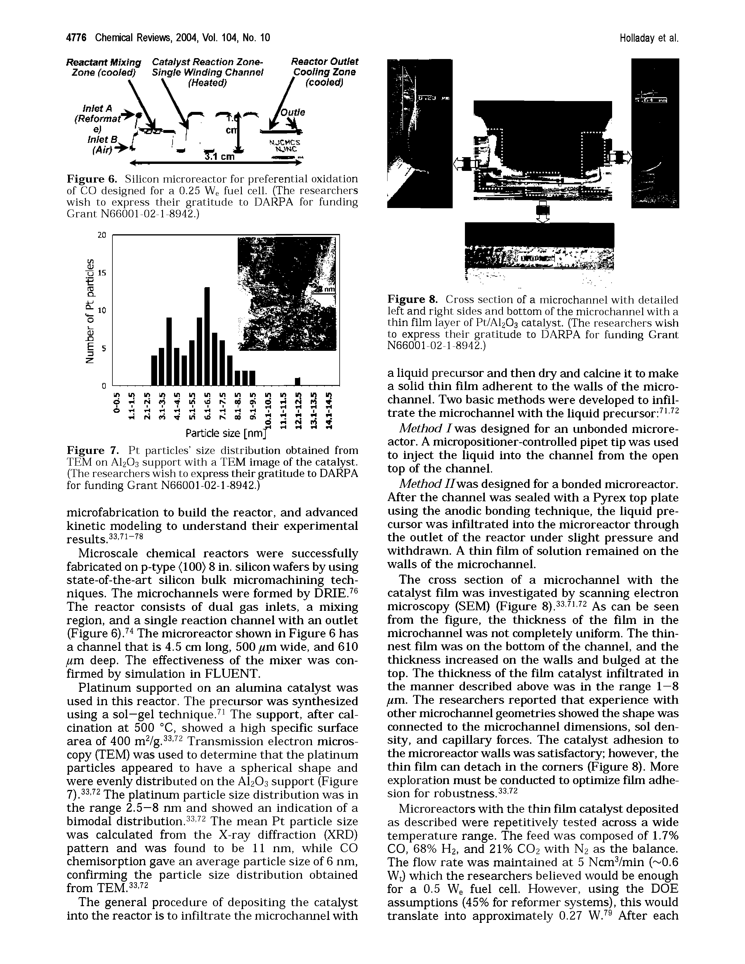 Figure 7. Pt particles size distribution obtained from TEM on AI2O3 support with a TEM image of the catalyst. (The researchers wish to express their gratitude to DARPA for funding Grant N66001-02-1-8942.)...