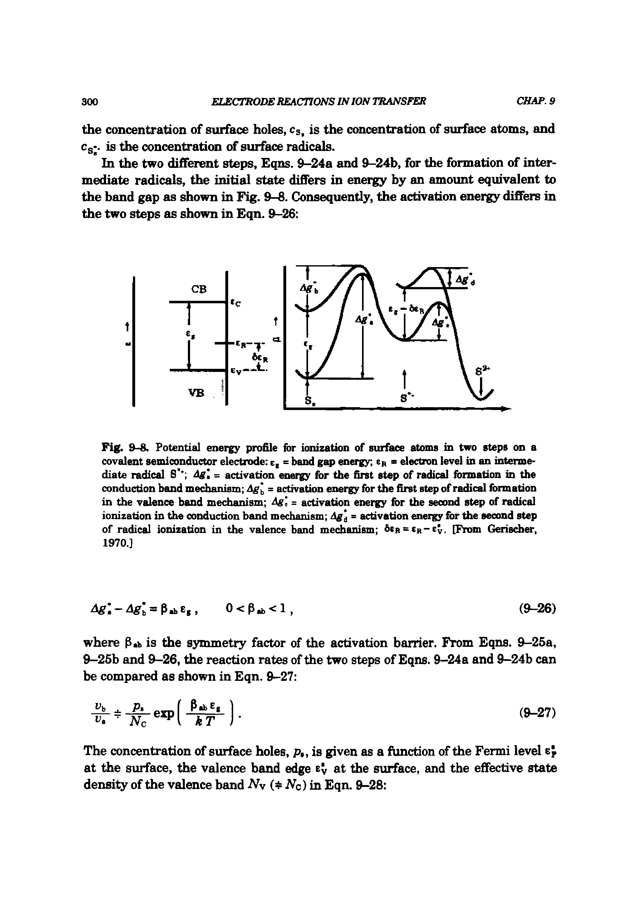 Fig. 9-8. Potential energy profile for ionization of surface atoms in two steps on a covalent semiconductor electrode c, = band giq> energy tfi s electron level in an intermediate radical S " Ag = activation energy for the first step of radical formation in the conduction band mechanism df = activation energy for the first step of radical formation in the valence band mechanism = activation energy for the second step of radical ionization in the conduction band mechanism Ag = activation energy for the second step of radical ionization in the valence band mechanism beR = CR-Ev. [From Gerischer, 1970.]...