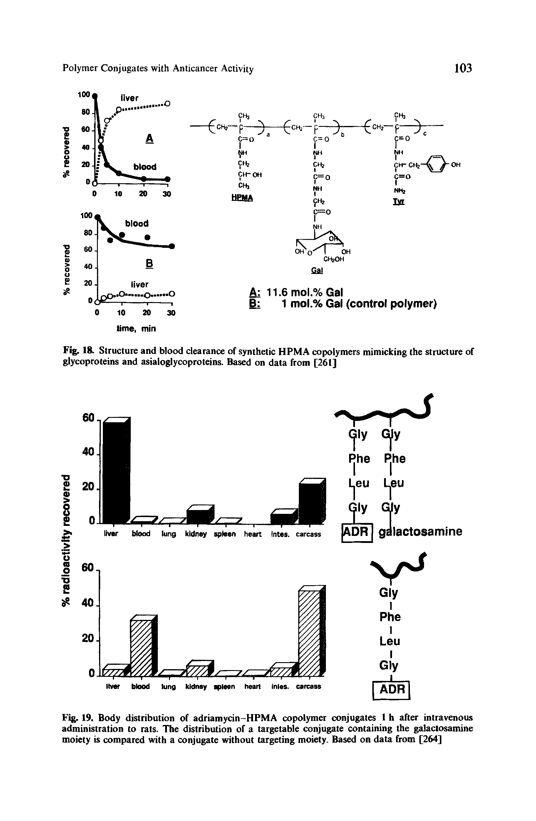 Fig. 19. Body distribution of adriamycin-HPMA copolymer conjugates 1 h after intravenous administration to rats. The distribution of a targetable conjugate containing the galactosamine moiety is compared with a conjugate without targeting moiety. Based on data from [264]...