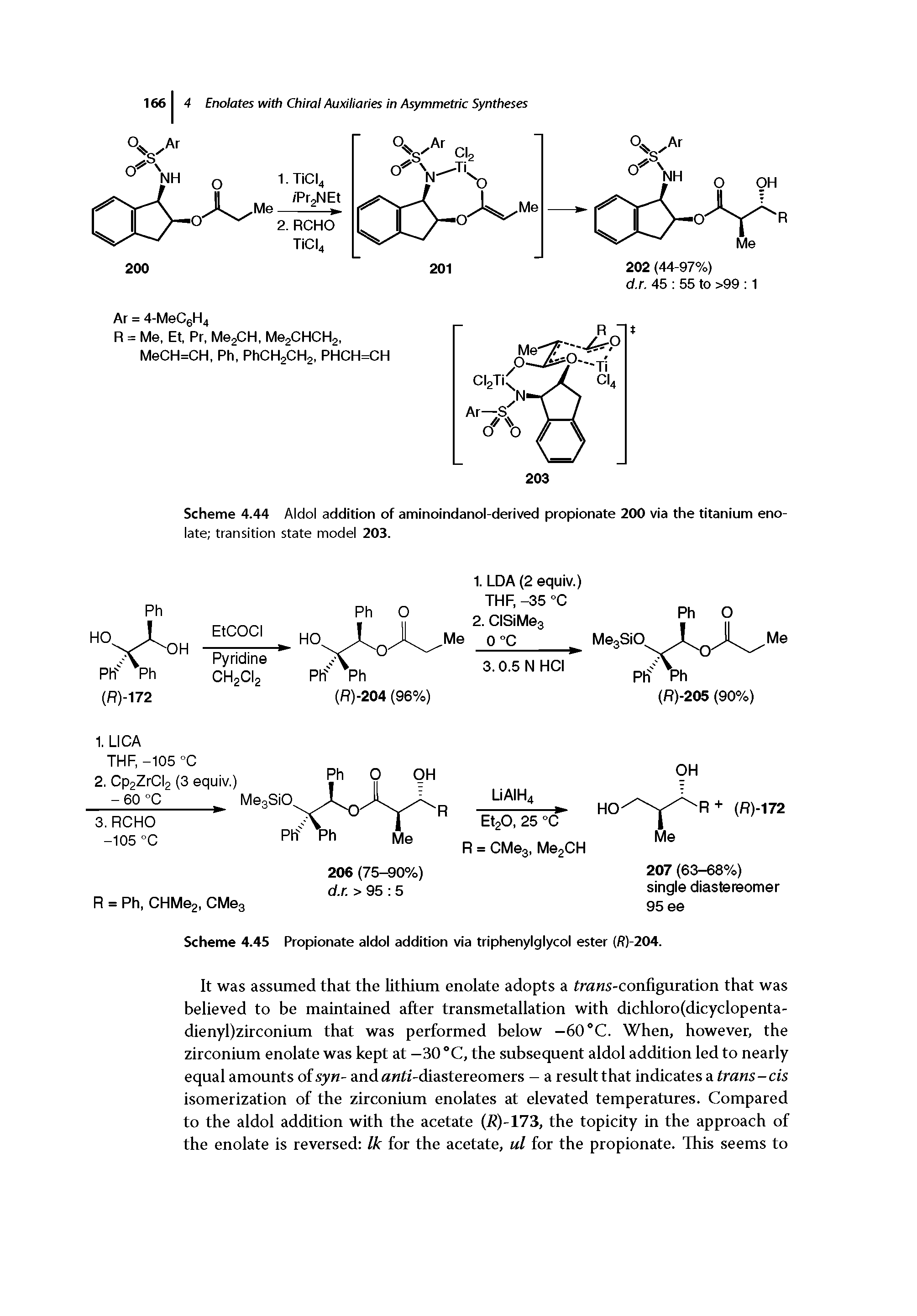 Scheme 4.45 Propionate aldol addition via triphenylglycol ester (ff)-204.
