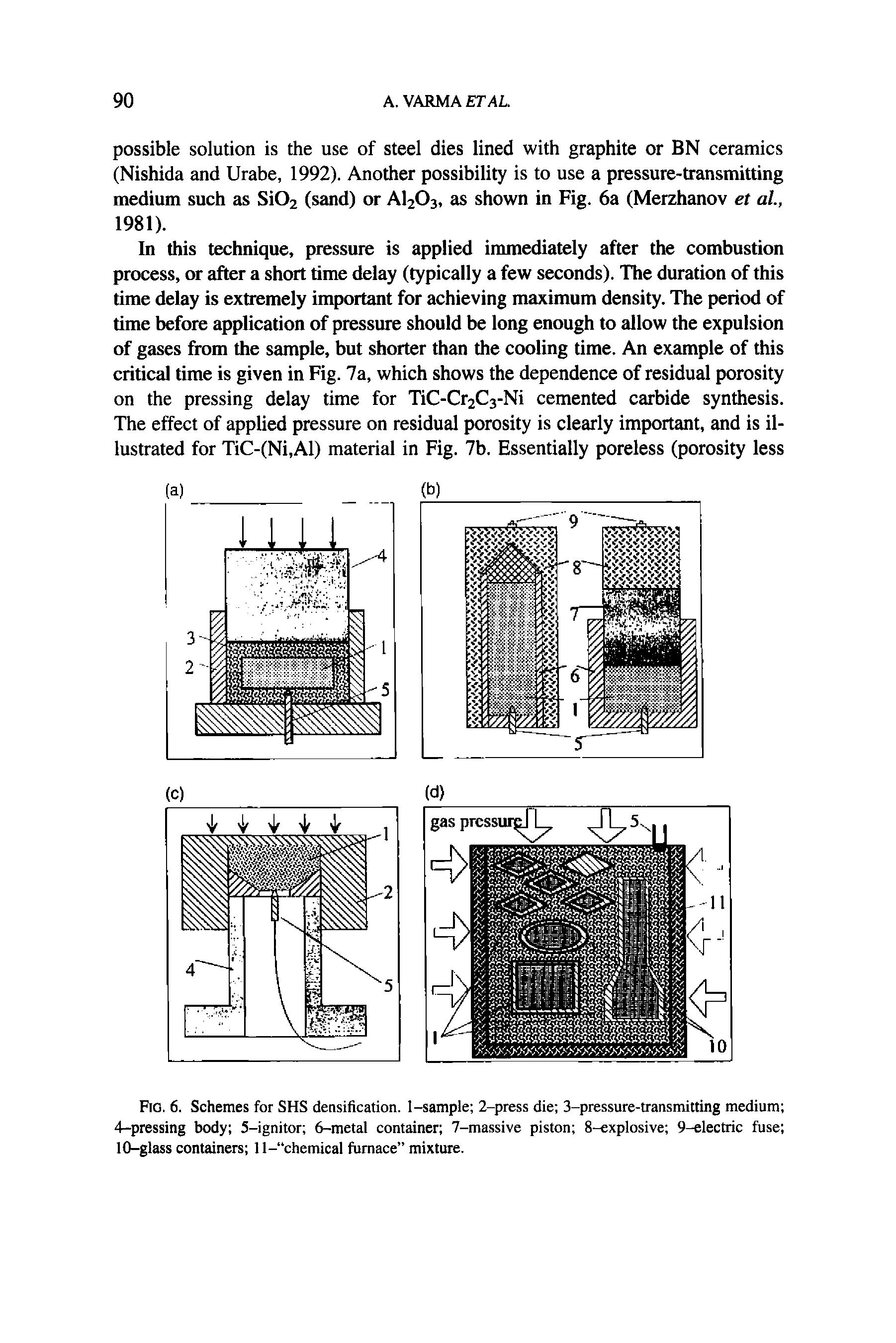 Fig. 6. Schemes for SHS densification. I-sample 2-press die 3-pressure-transmitting medium 4-pressing body 5-ignitor 6-metal container 7-massive piston 8-explosive 9-electric fuse 10-glass containers ll- chemical furnace mixture.