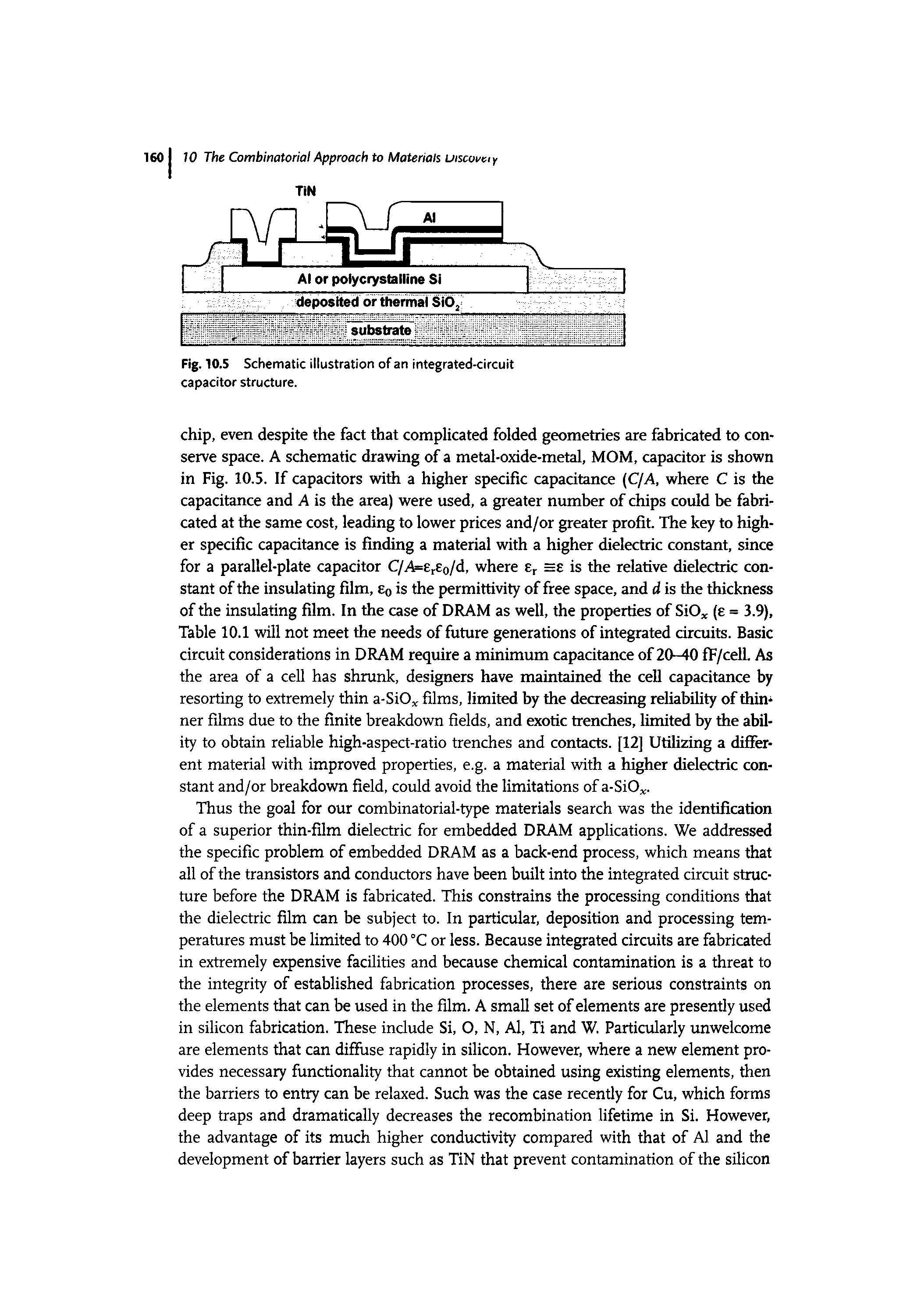 Fig. 10.5 Schematic illustration of an integrated-circuit capacitor structure.