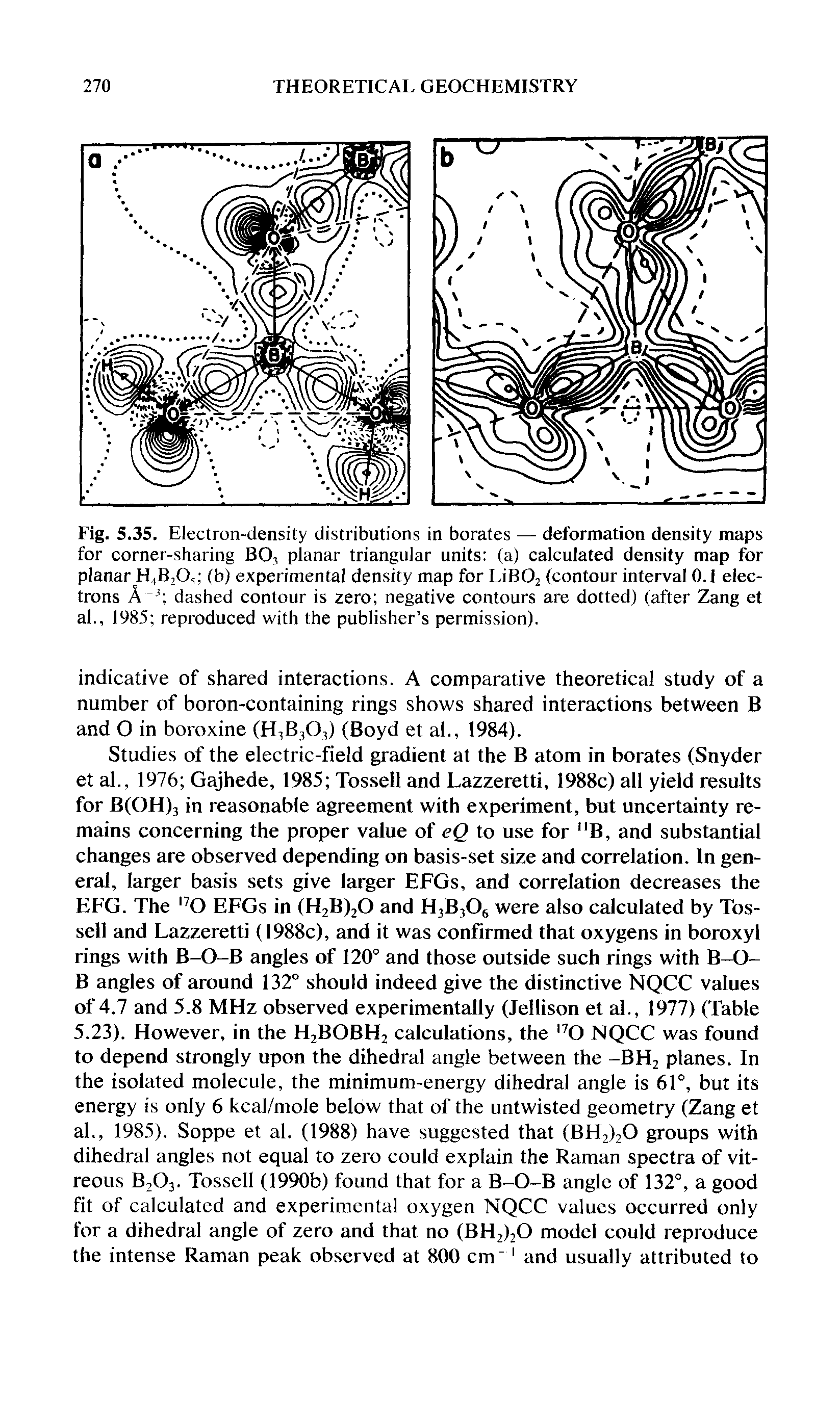 Fig. 5.35. Electron-density distributions in borates — deformation density maps for corner-sharing BO, planar triangular units (a) calculated density map for planar H4B,0, (b) experimental density map for LiBOj (contour interval 0.1 electrons A dashed contour is zero negative contours are dotted) (after Zang et al., 1985 reproduced with the publisher s permission).
