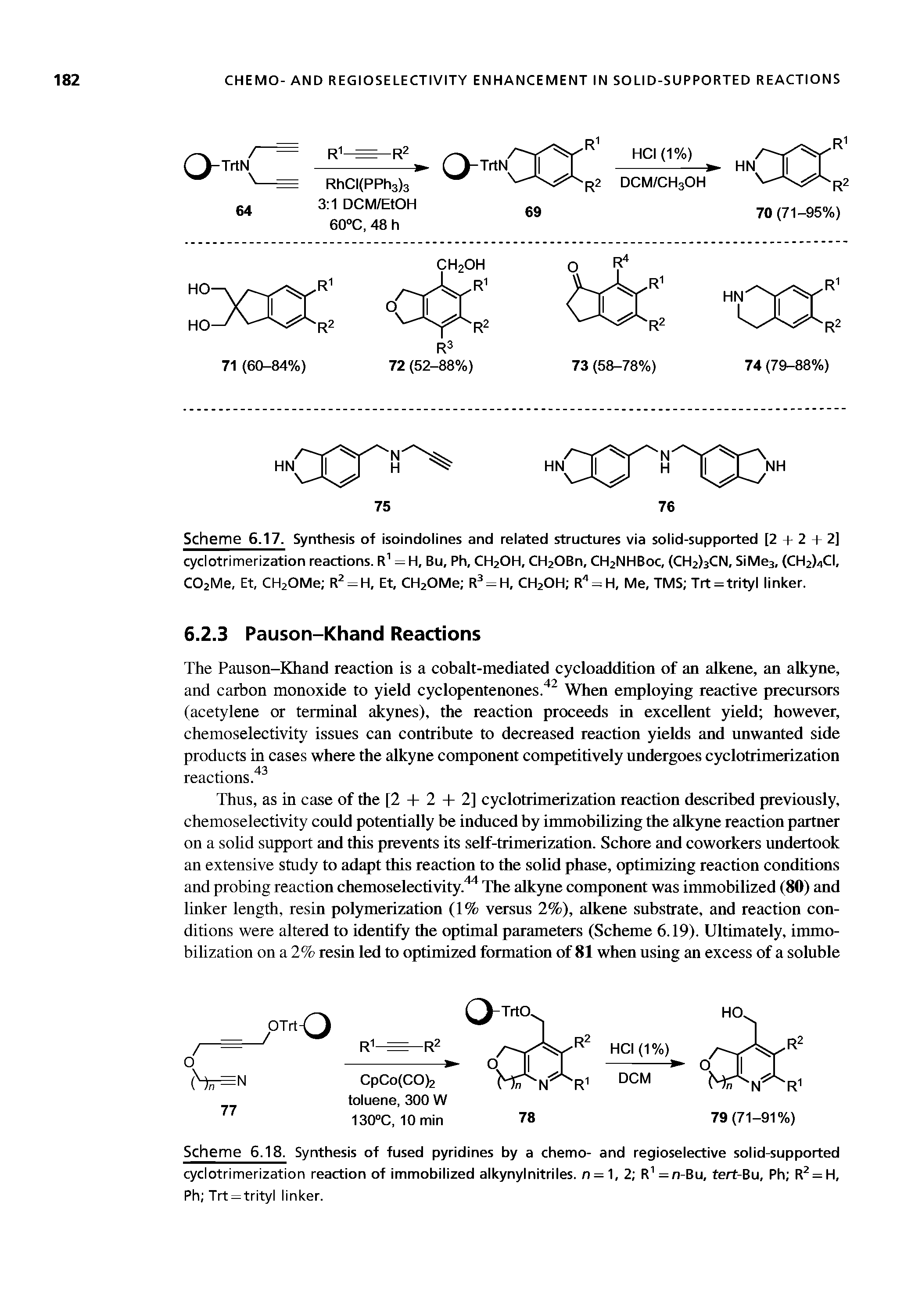 Scheme 6.17. Synthesis of isoindolines and related structures via solid-supported [2 + 2 + 2] cyclotrimerization reactions. R = H, Bu, Ph, CH2OH, CH20Bn, CH2NHB0C, (CH2)3CN, SiMes, (CH2)4CI, C02Me, Et, CH20Me R = H, Et, CH20Me R = H, CH2OH R = H, Me, TMS Trt=trityl linker.
