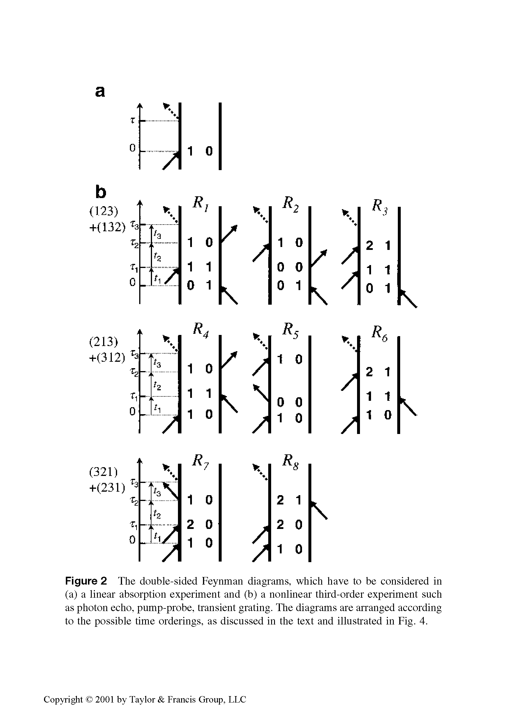 Figure 2 The double-sided Feynman diagrams, which have to be considered in (a) a linear absorption experiment and (b) a nonlinear third-order experiment such as photon echo, pump-probe, transient grating. The diagrams are arranged according to the possible time orderings, as discussed in the text and illustrated in Fig. 4.