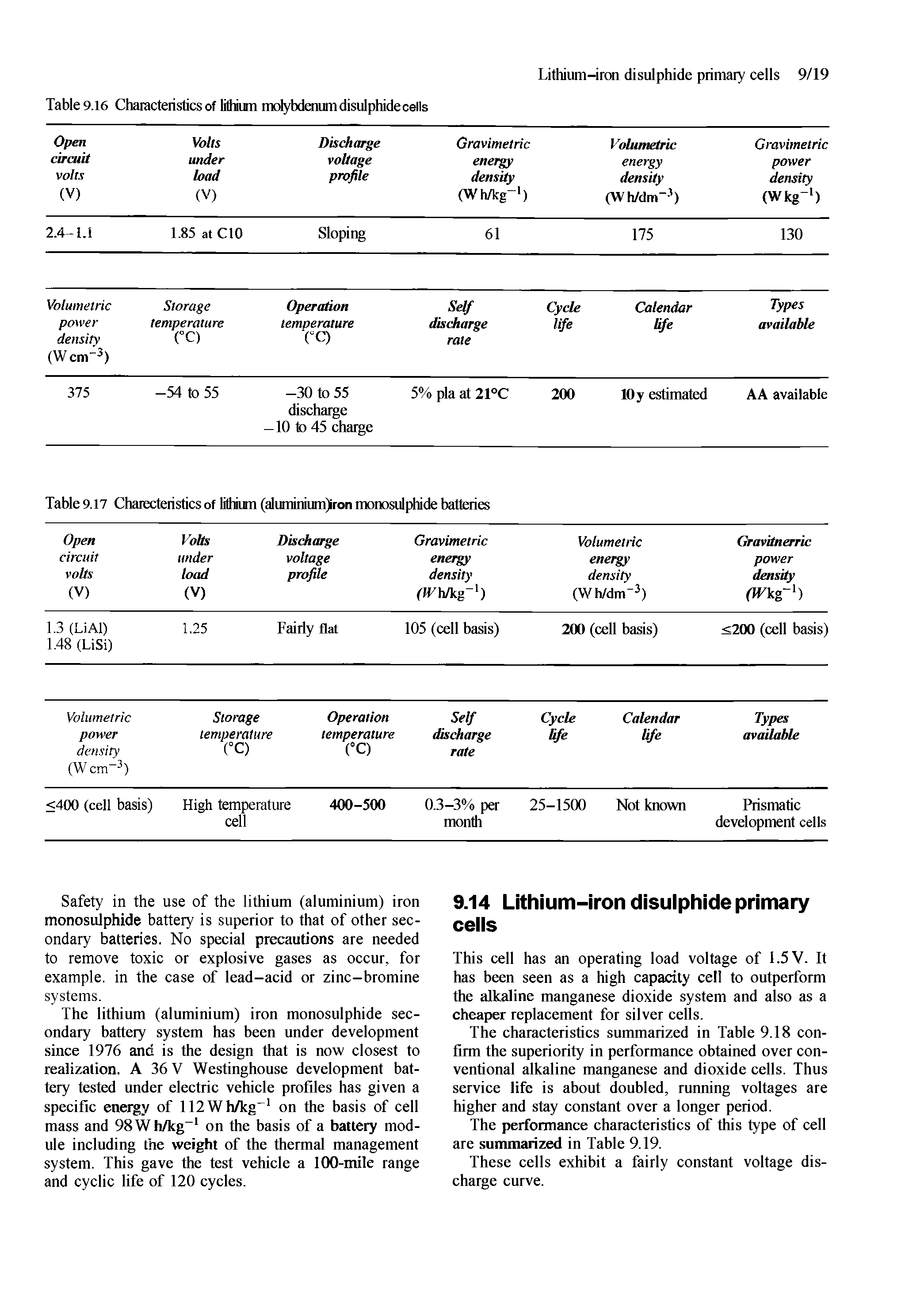 Table9.l6 Characteristics of lithium molybdenum disulphide cells...