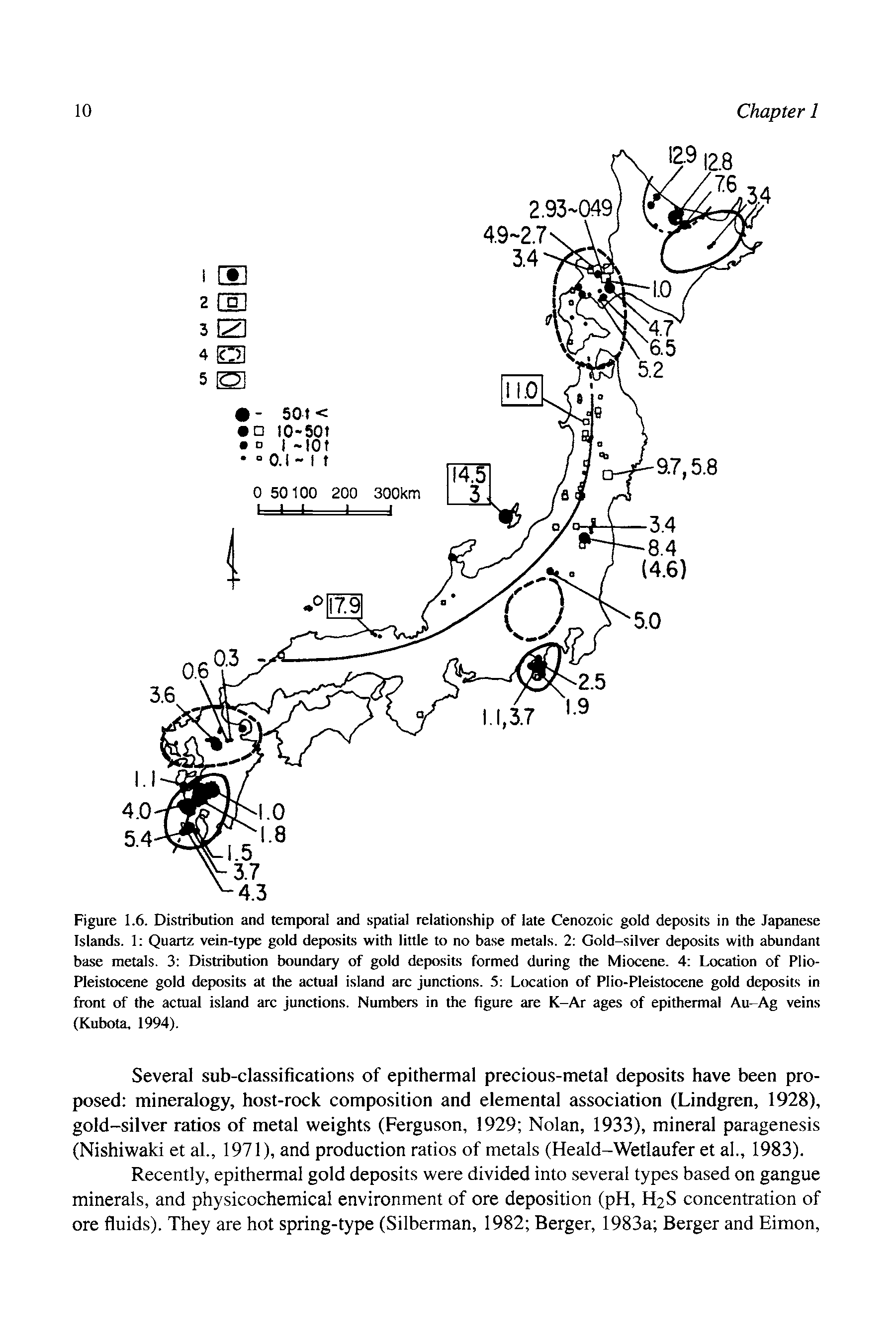 Figure 1.6. Di.stribution and temporal and spatial relationship of late Cenozoic gold deposits in the Japanese Islands. 1 Quartz vein-type gold deposits with little to no base metals. 2 Gold-silver deposits with abundant base metals. 3 Distribution boundary of gold deposits formed during the Miocene. 4 Location of Plio-Pleistocene gold deposits at the actual island arc junctions. 5 Location of Plio-Pleistocene gold deposits in front of the actual island arc junctions. Numbers in the figure are K-Ar ages of epithermal Au-Ag veins (Kubota, 1994).