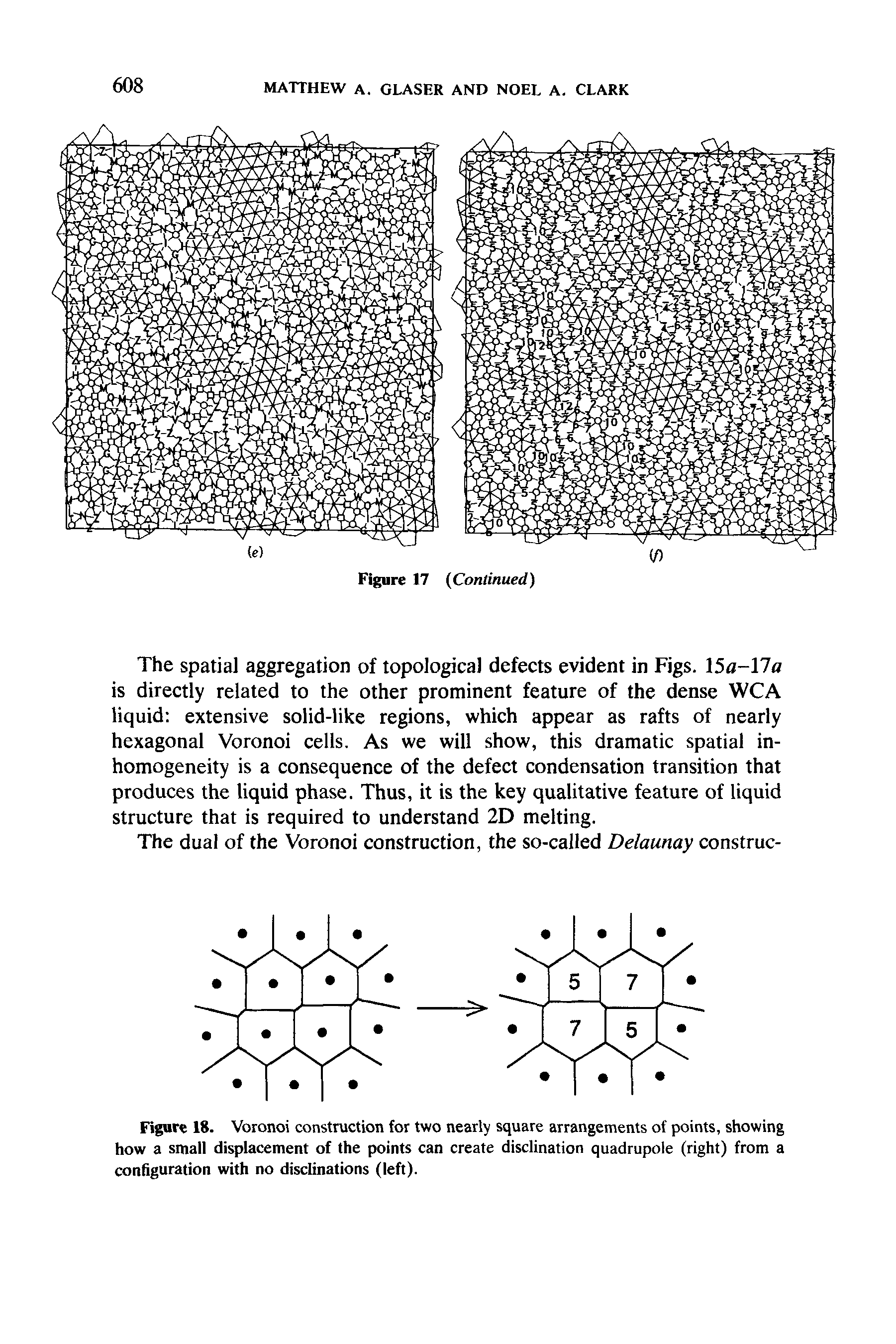 Figurc 18. Voronoi construction for two nearly square arrangements of points, showing how a small displacement of the points can create disclination quadrupole (right) from a configuration with no disclinations (left).
