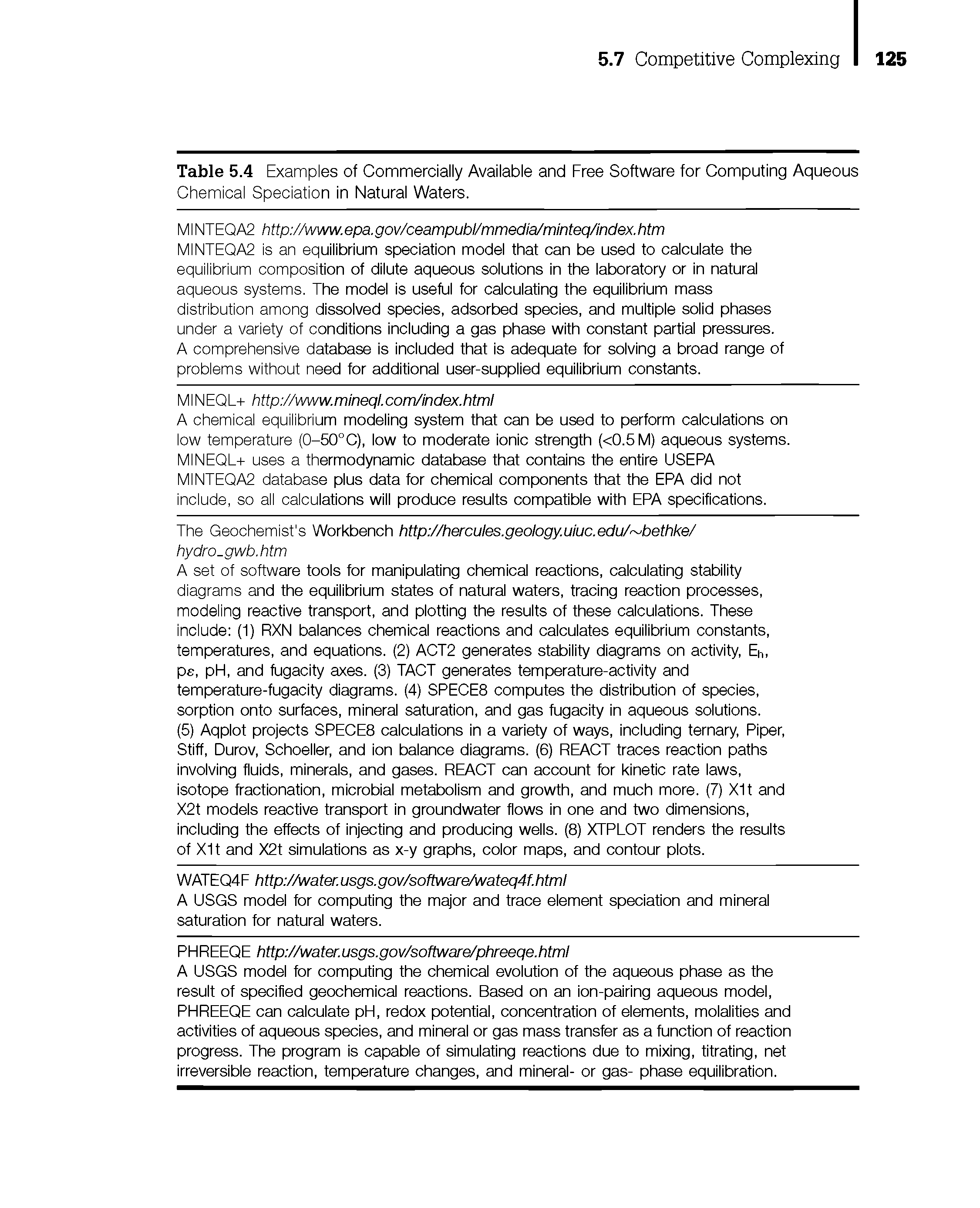 Table 5.4 Examples of Commercially Available and Free Software for Computing Aqueous Chemical Speciation in Natural Waters.