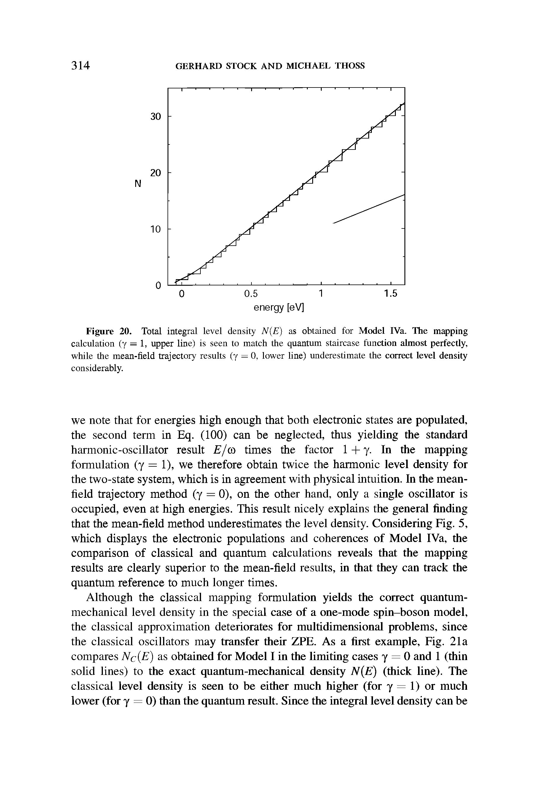 Figure 20. Total integral level density N E) as obtained for Model IVa. The mapping calculation (y = 1, upper line) is seen to match the quantum staircase function almost perfectly, while the mean-field trajectory results (y = 0, lower line) underestimate the correct level density considerably.