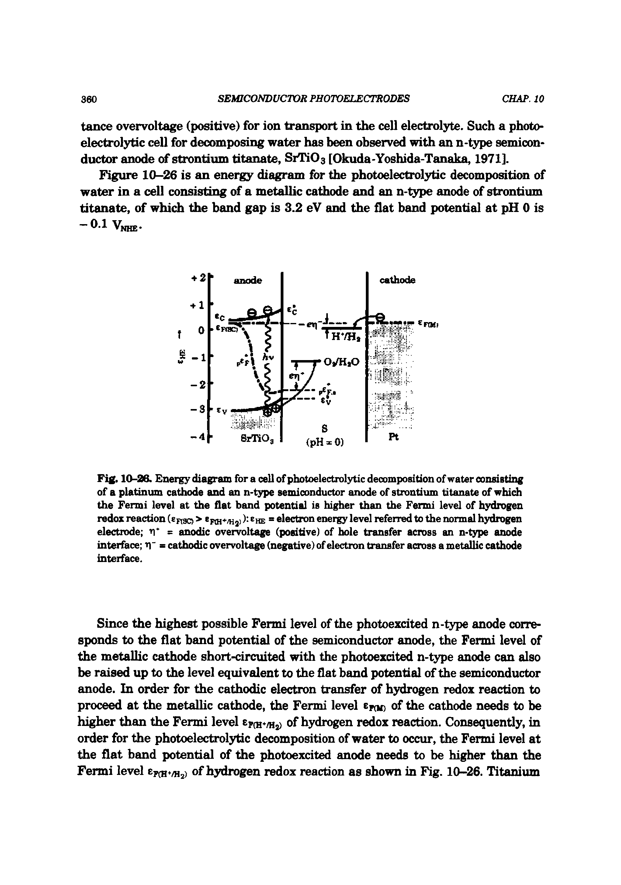 Fig. 10-26. Energy diagram for a cell of photoelectrolytic decomposition of water consisting of a platinum cathode and an n-type semiconductor anode of strontium titanate of which the Fermi level at the flat band potential is higher than the Fermi level of hydrogen redox reaction (snao > epM+zHj) ) he = electron energy level referred to the normal hydrogen electrode ri = anodic overvoltage (positive) of hole transfer across an n-type anode interface t = cathodic overvoltage (negative) of electron transfer across a metallic cathode interface.