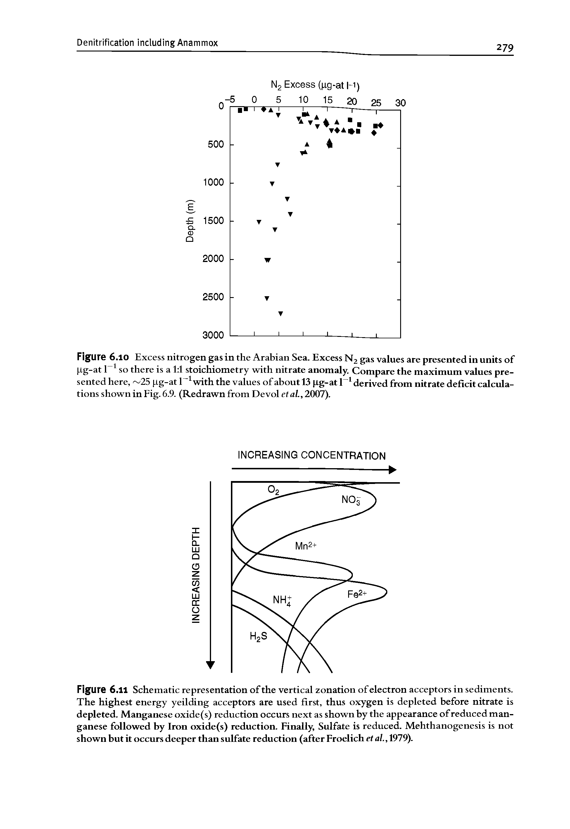Figure 6.10 Excess nitrogen gas in the Arabian Sea. Excess Nj gas values are presented in units of pg-at 1 so there is a 1 1 stoichiometry with nitrate anomaly. Compare the maximum values presented here, 25 pg-at with the values of about 13 pg-at derived from nitrate deficit calculations shown in Fig. 6.9. (Redrawn from Devol etal., 2007).