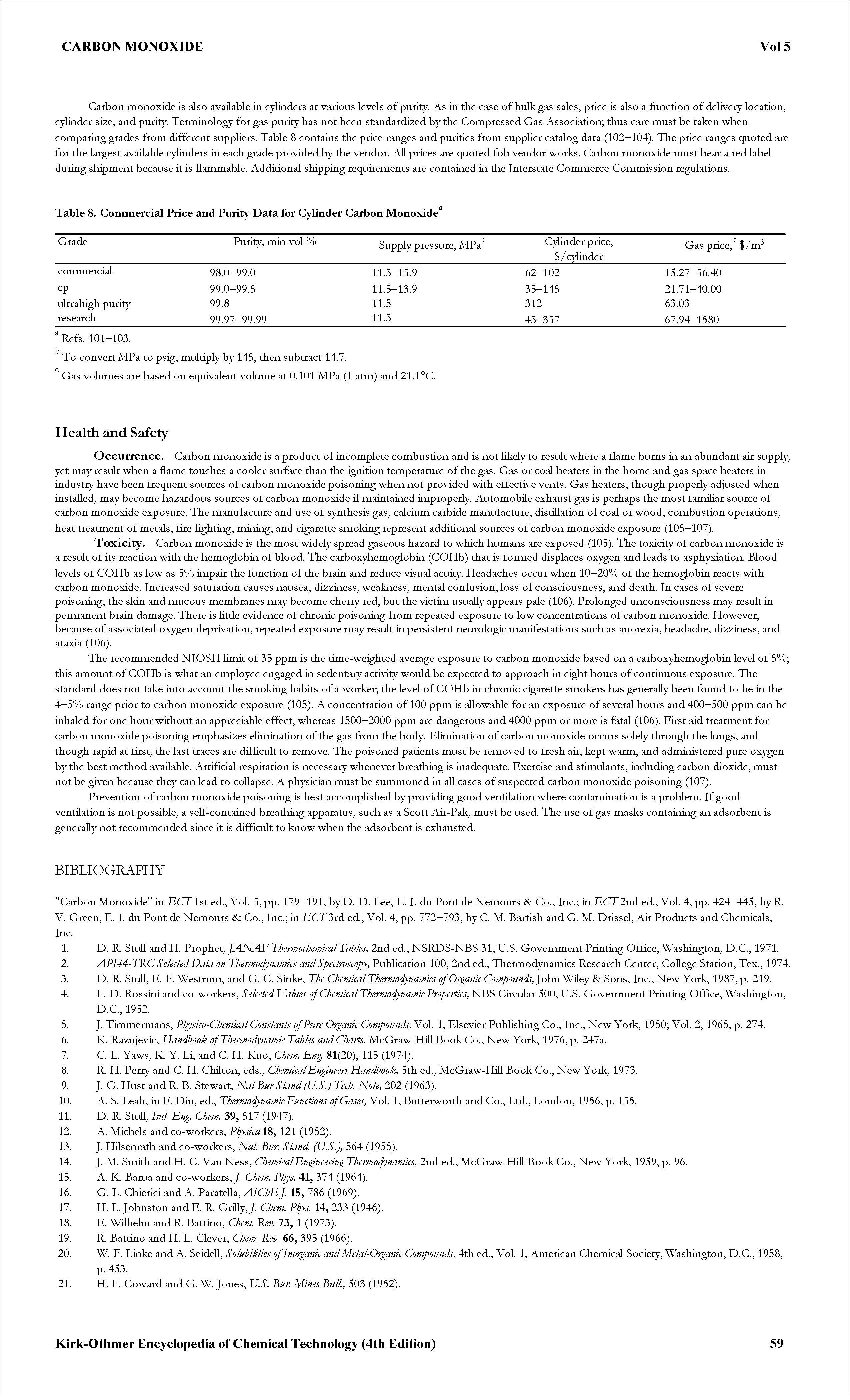 Table 8. Commercial Price and Purity Data for Cylinder Carbon Monoxide ...