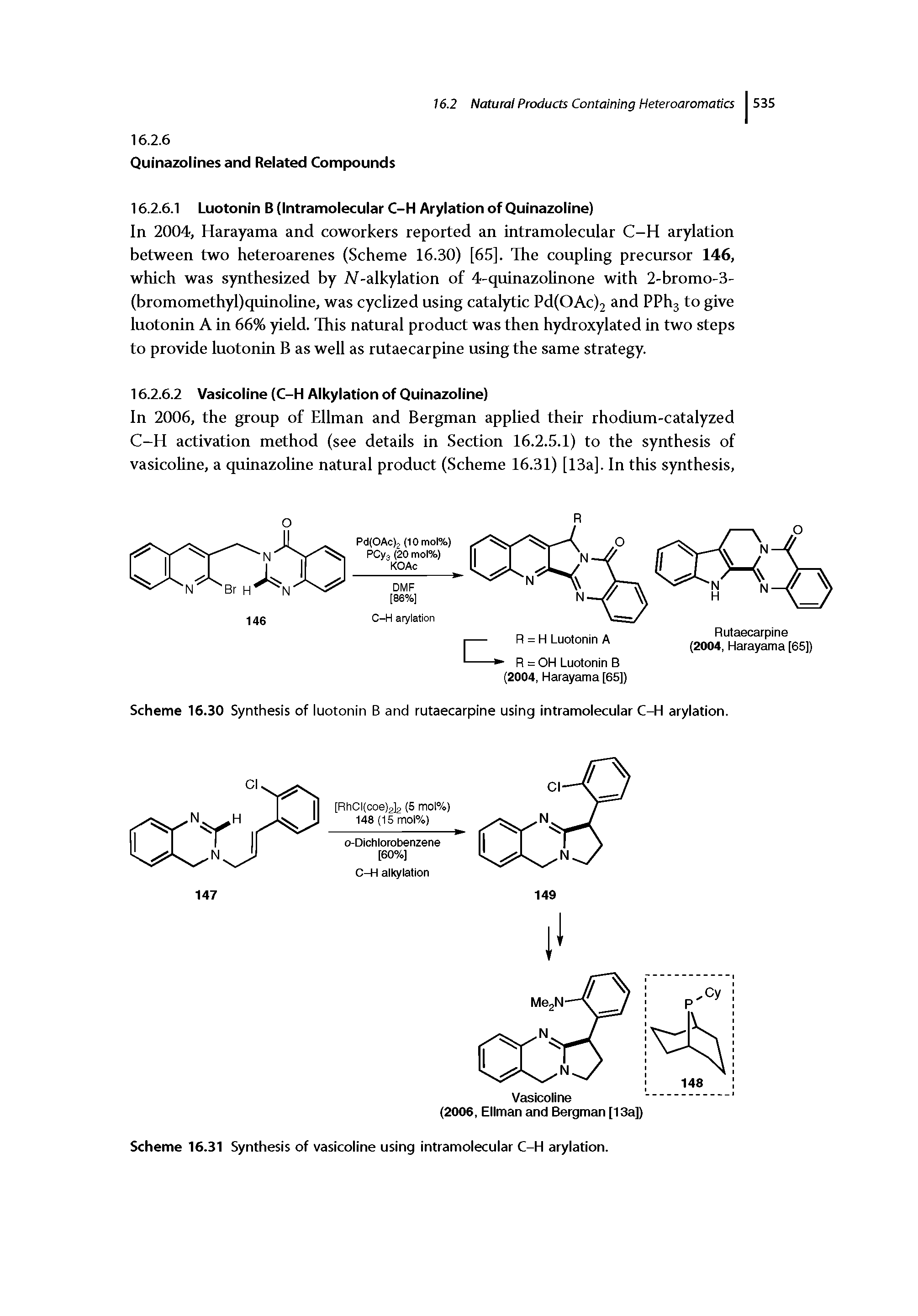 Scheme 16.30 Synthesis of luotonin B and rutaecarpine using intramolecular C-H arylation.