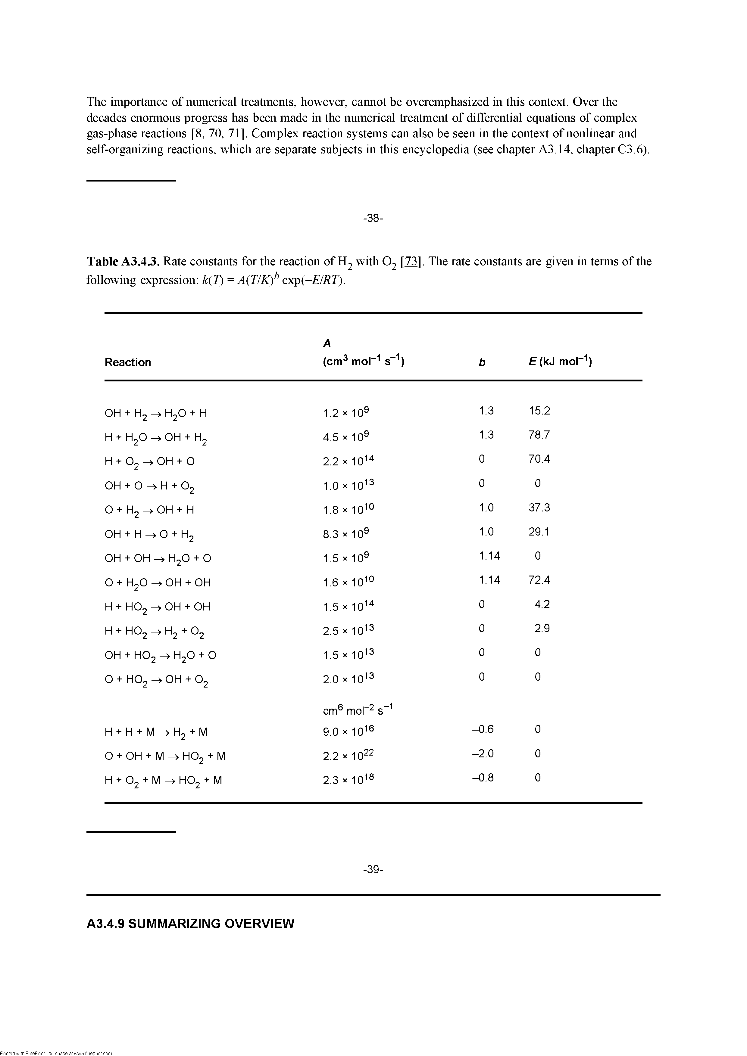 Table A3.4.3. Rate constants for the reaction of with O, [73], The rate constants are given in temis of the...