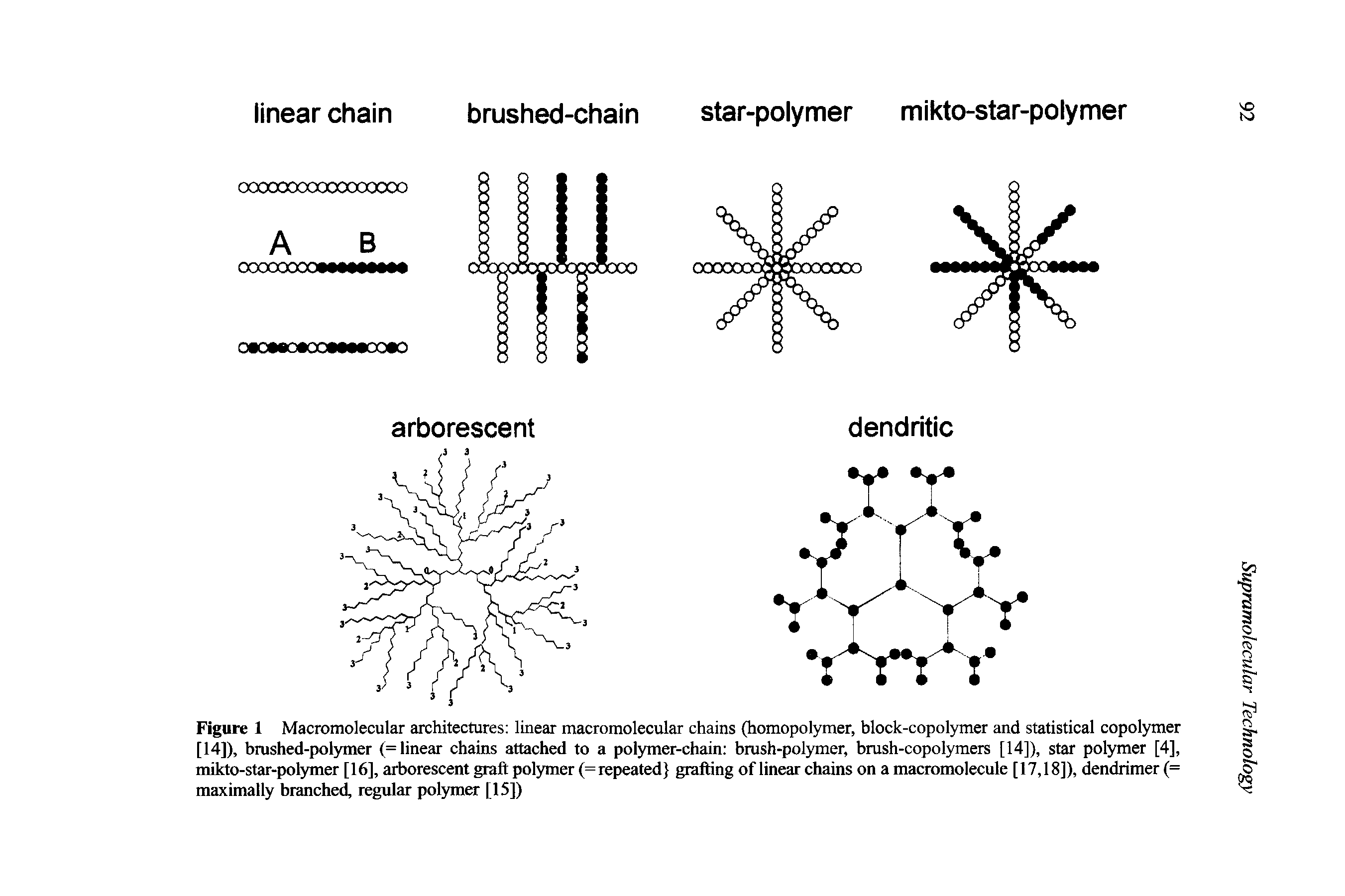 Figure 1 Macromolecular architectures linear macromolecular chains (homopolymer, block-copolymer and statistical copolymer [14]), brushed-polymer (= linear chains attached to a polymer-chain brush-polymer, brush-copolymers [14]), star polymer [4], mikto-star-polymer [16], arborescent graft polymer (=repeated grafting of linear chains on a macromolecule [17,18]), dendrimer (= maximally branched, regular polymer [15])...