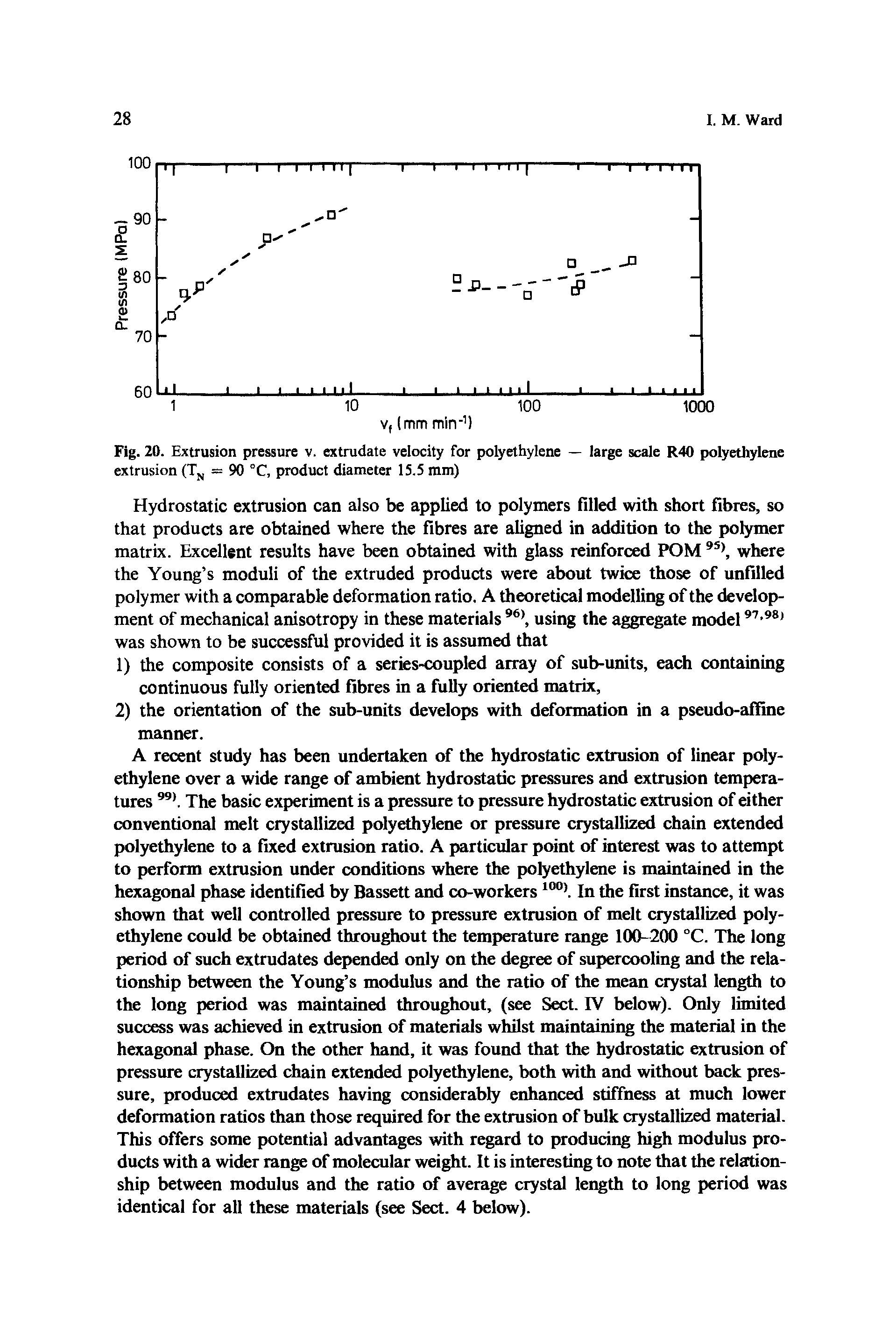 Fig. ZO. Extrusion pressure v. extrudate velocity for polyethylene - large scale R40 polyethylene extrusion (Tj, = 90 °C, product diameter 15.5 mm)...