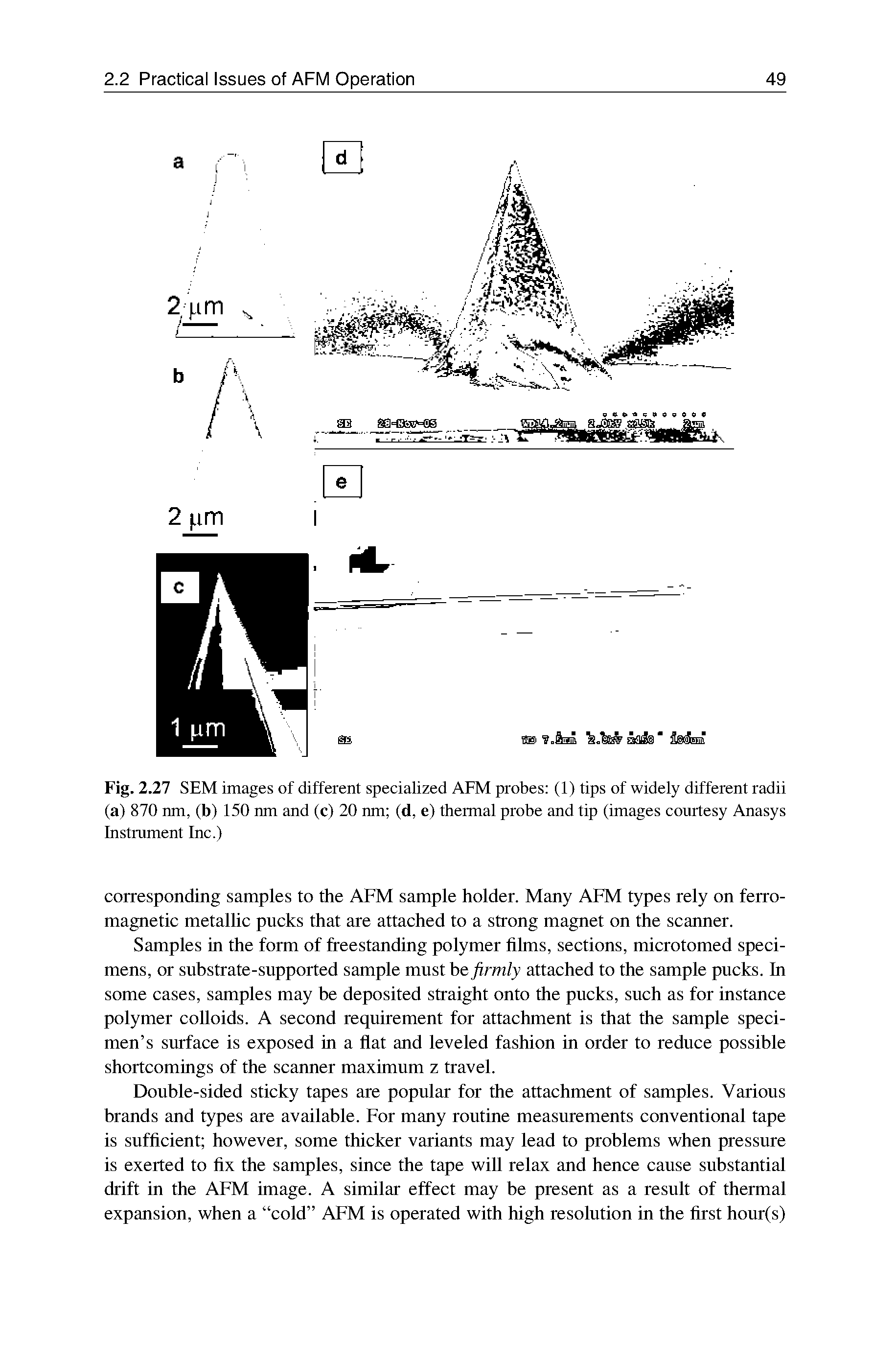 Fig. 2.27 SEM images of different specialized AFM probes (1) tips of widely different radii (a) 870 nm, (b) 150 nm and (c) 20 nm (d, e) thermal probe and tip (images courtesy Anasys Instrument Inc.)...