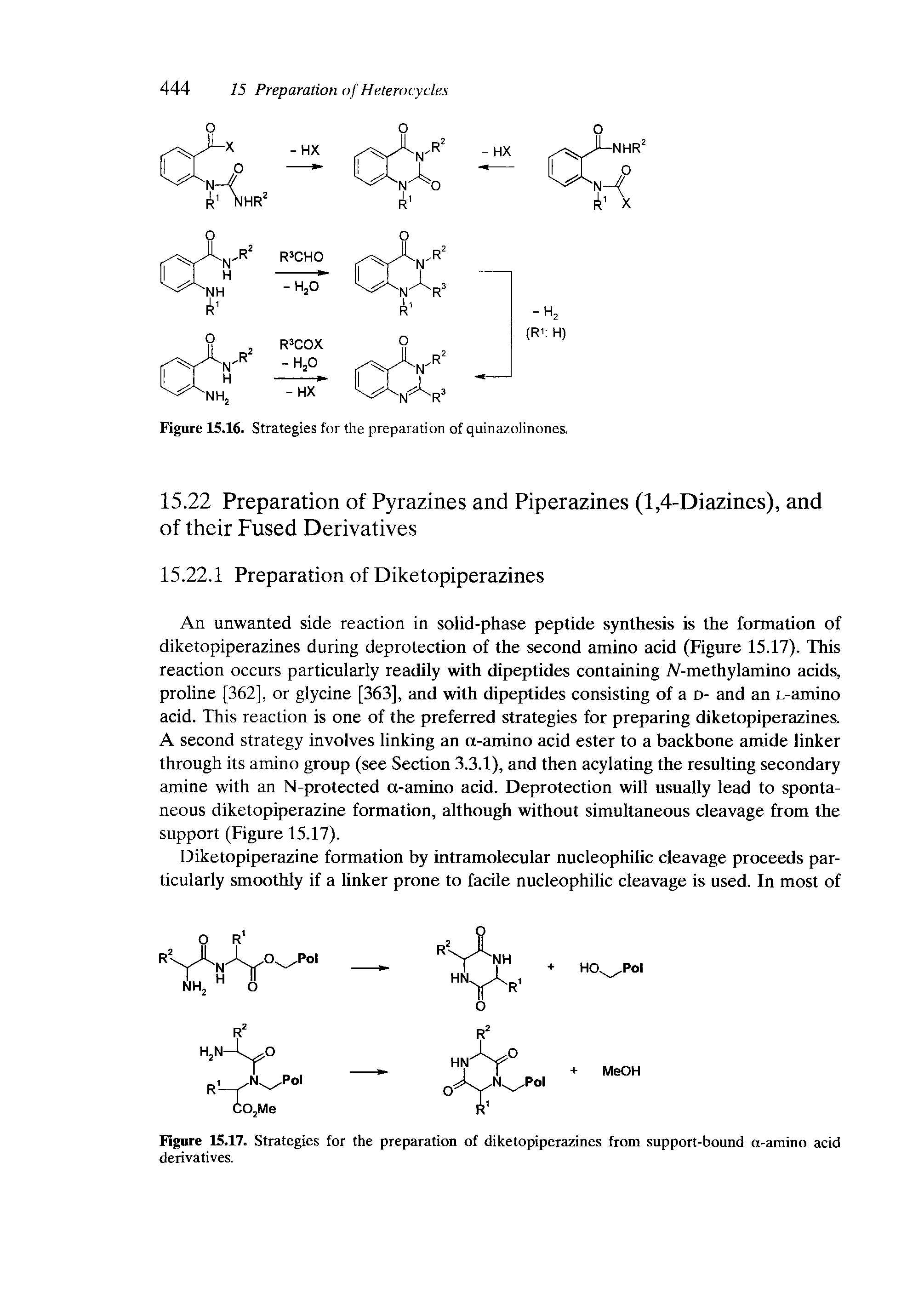 Figure 15.17. Strategies for the preparation of diketopiperazines from support-bound a-amino acid derivatives.