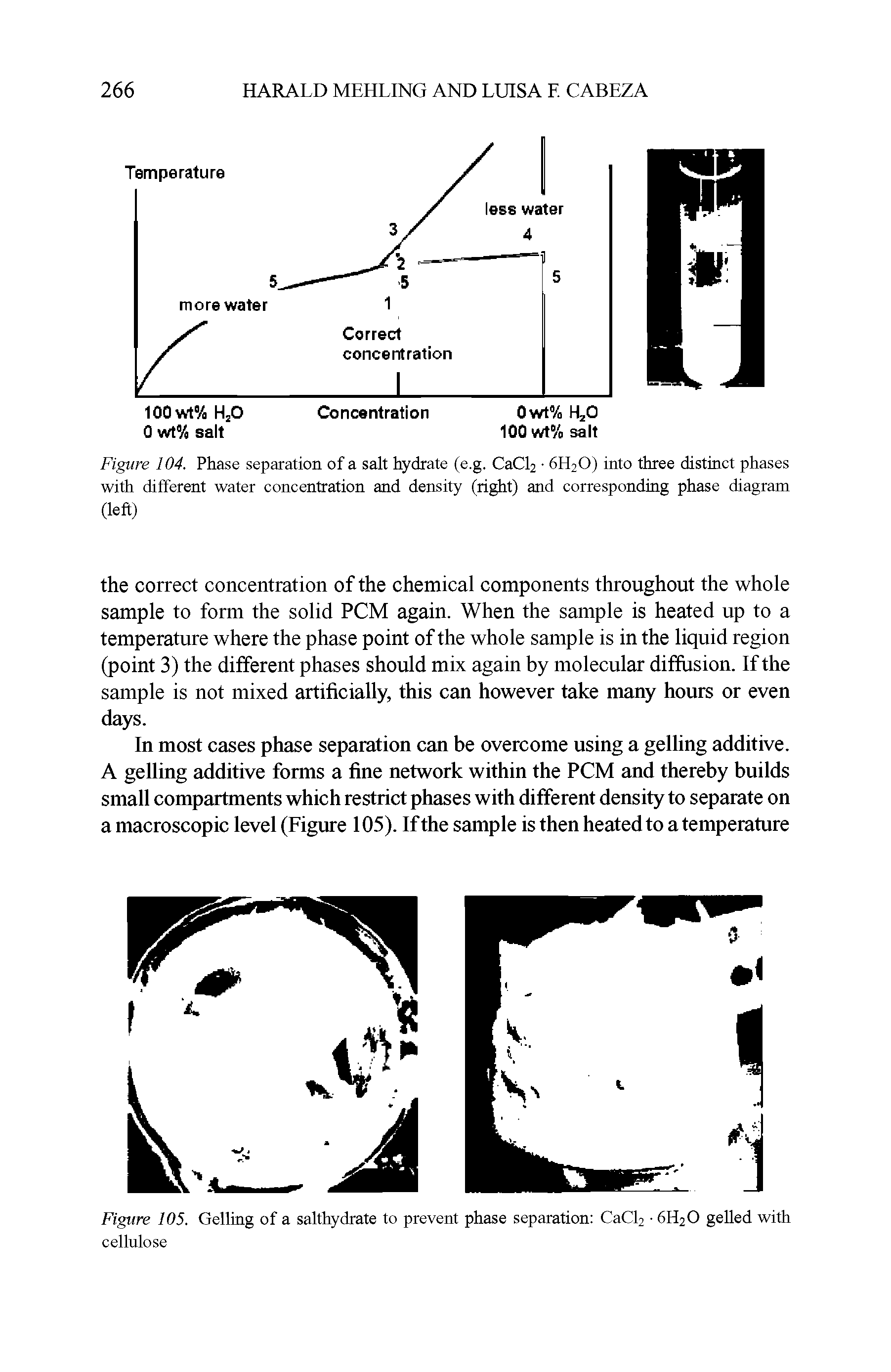 Figure 104. Phase separation of a salt hydrate (e.g. CaCl2 6H20) into three distinct phases with different water concentration and density (right) and corresponding phase diagram (left)...