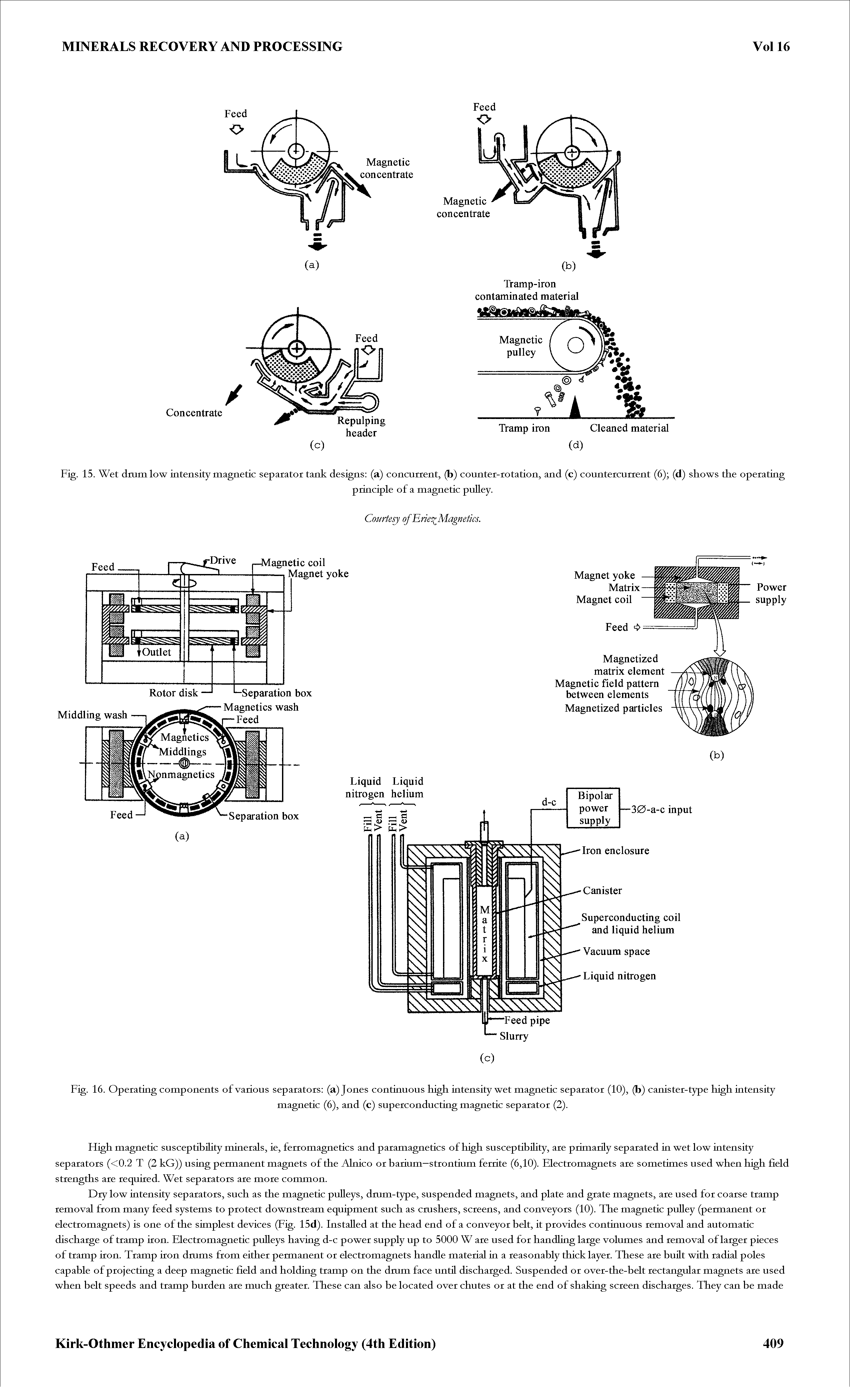 Fig. 15. Wet drum low intensity magnetic separator tank designs (a) concurrent, (b) counter-rotation, and (c) countercurrent (6) (d) shows the operating...