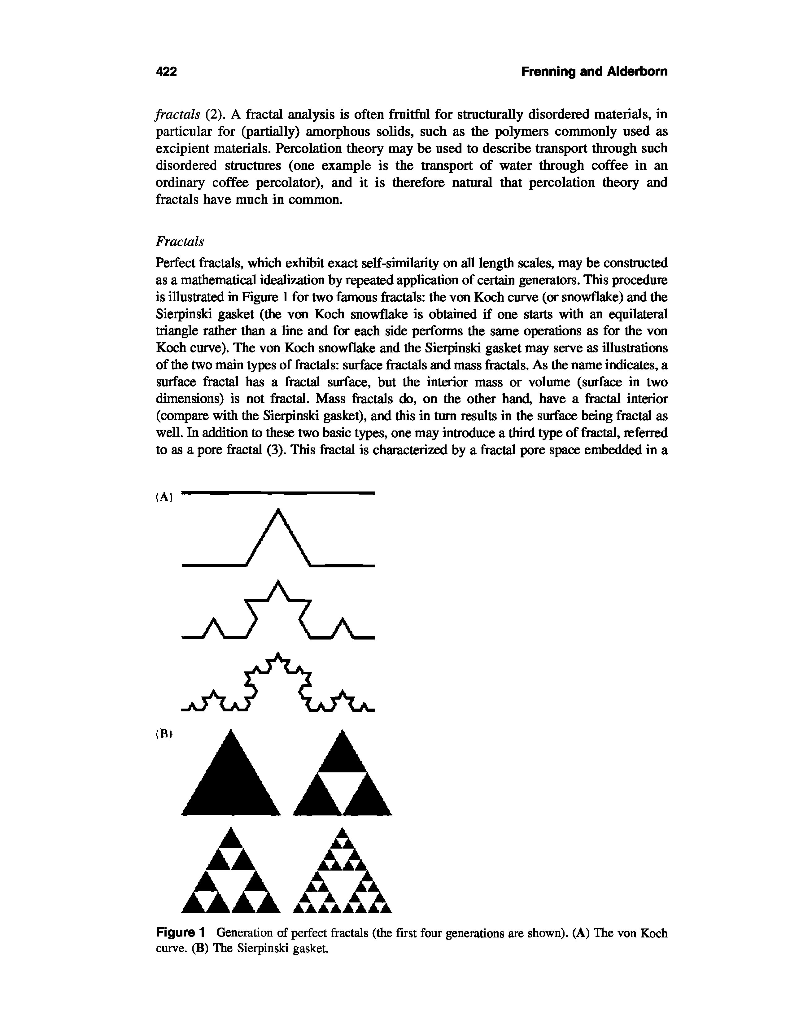 Figure 1 Generation of perfect fractals (the first four generations are shown). (A) The von Koch curve. (B) The Sierpinski gasket.