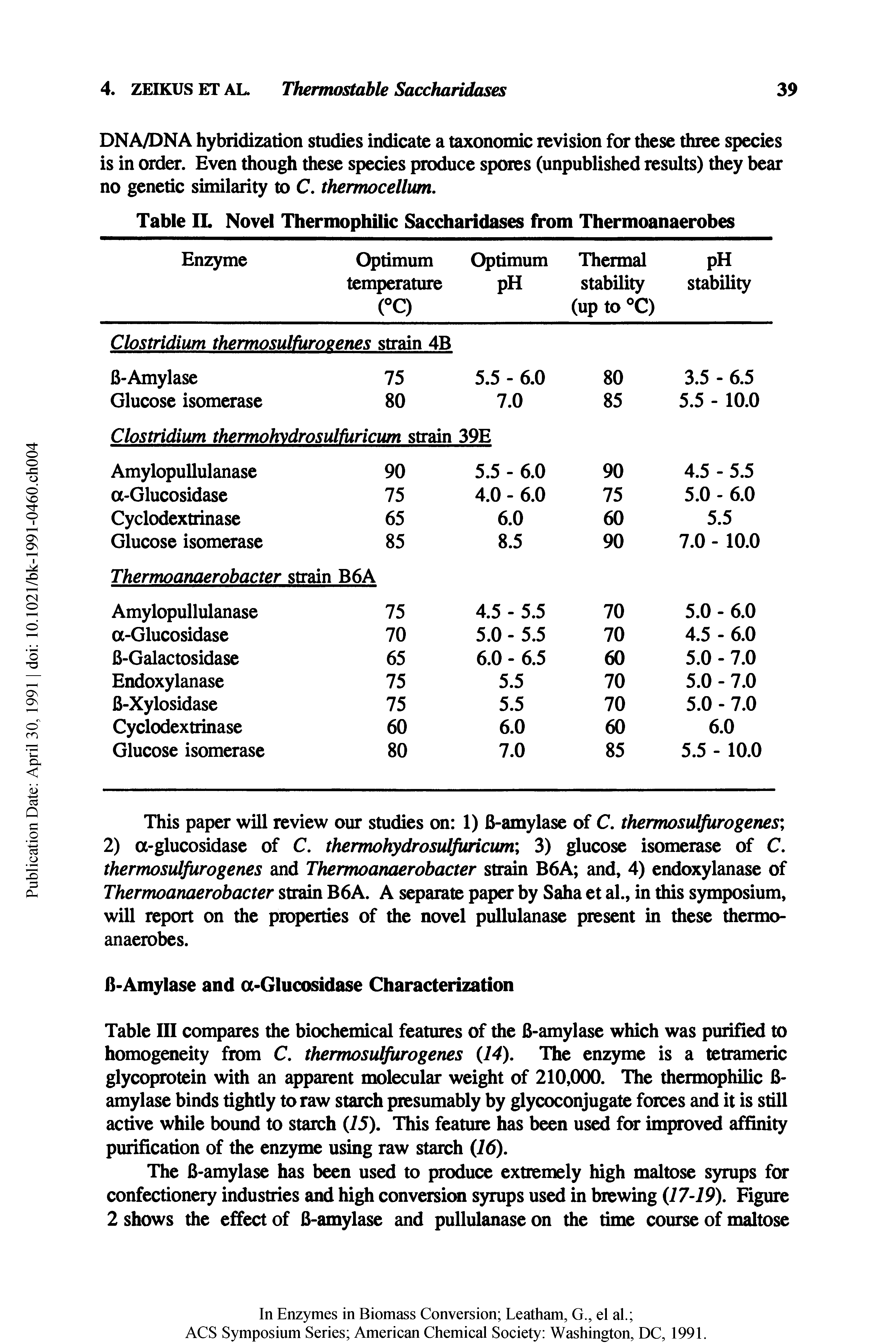 Table III compares the biochemical features of the B-amylase which was purified to homogeneity from C. thermosulfurogenes (74). The enzyme is a tetrameric glycoprotein with an apparent molecular weight of 210,000. The thermophilic B-amylase binds tightly to raw starch presumably by glycoconjugate forces and it is still active while bound to starch (75). This feature has been used for improved affinity purification of the enzyme using raw starch (76).