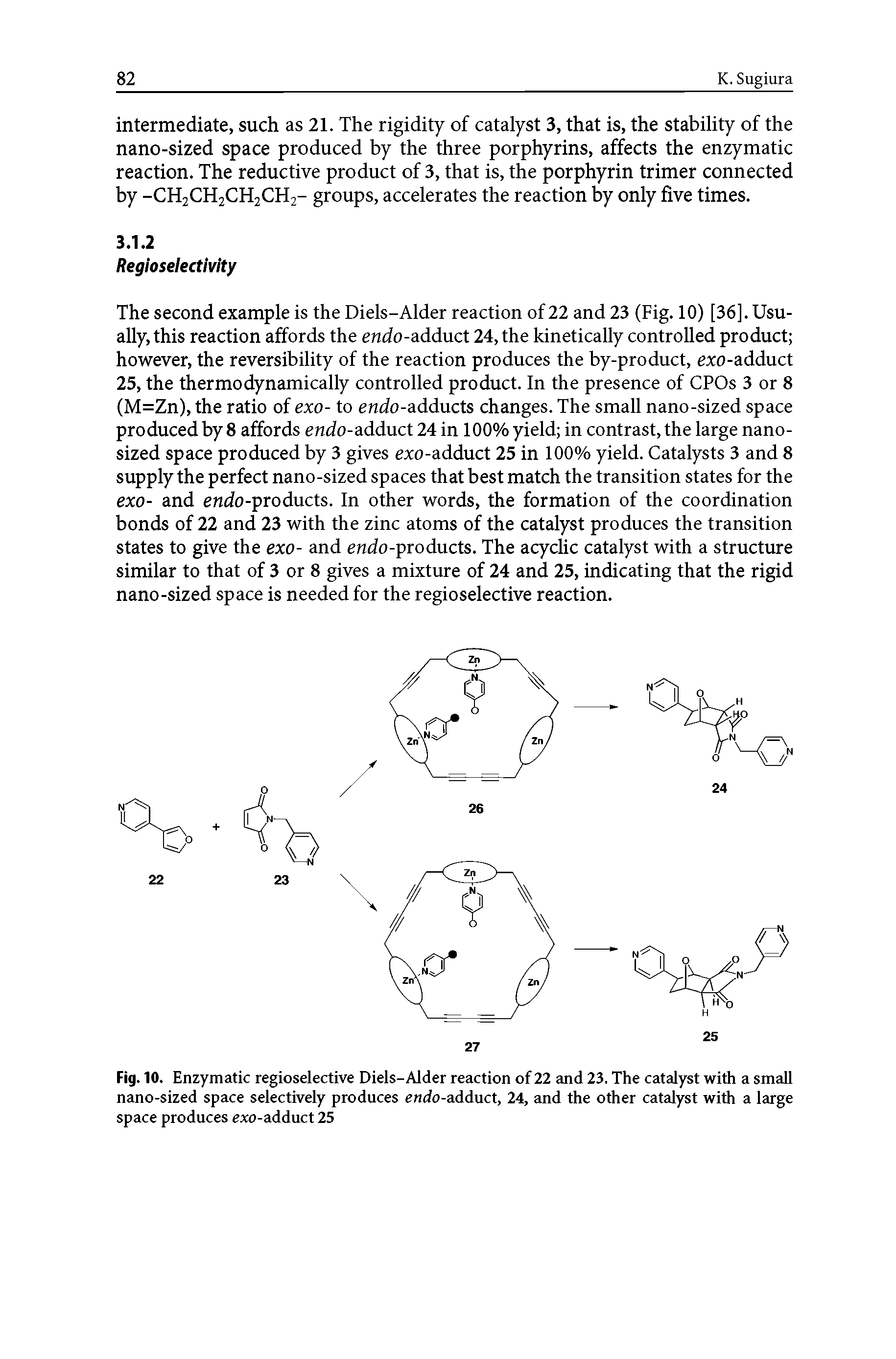 Fig. 10. Enzymatic regioselective Diels-Alder reaction of 22 and 23. The catalyst with a small nano-sized space selectively produces e/ido-adduct, 24, and the other catalyst with a large space produces exo-adduct 25...