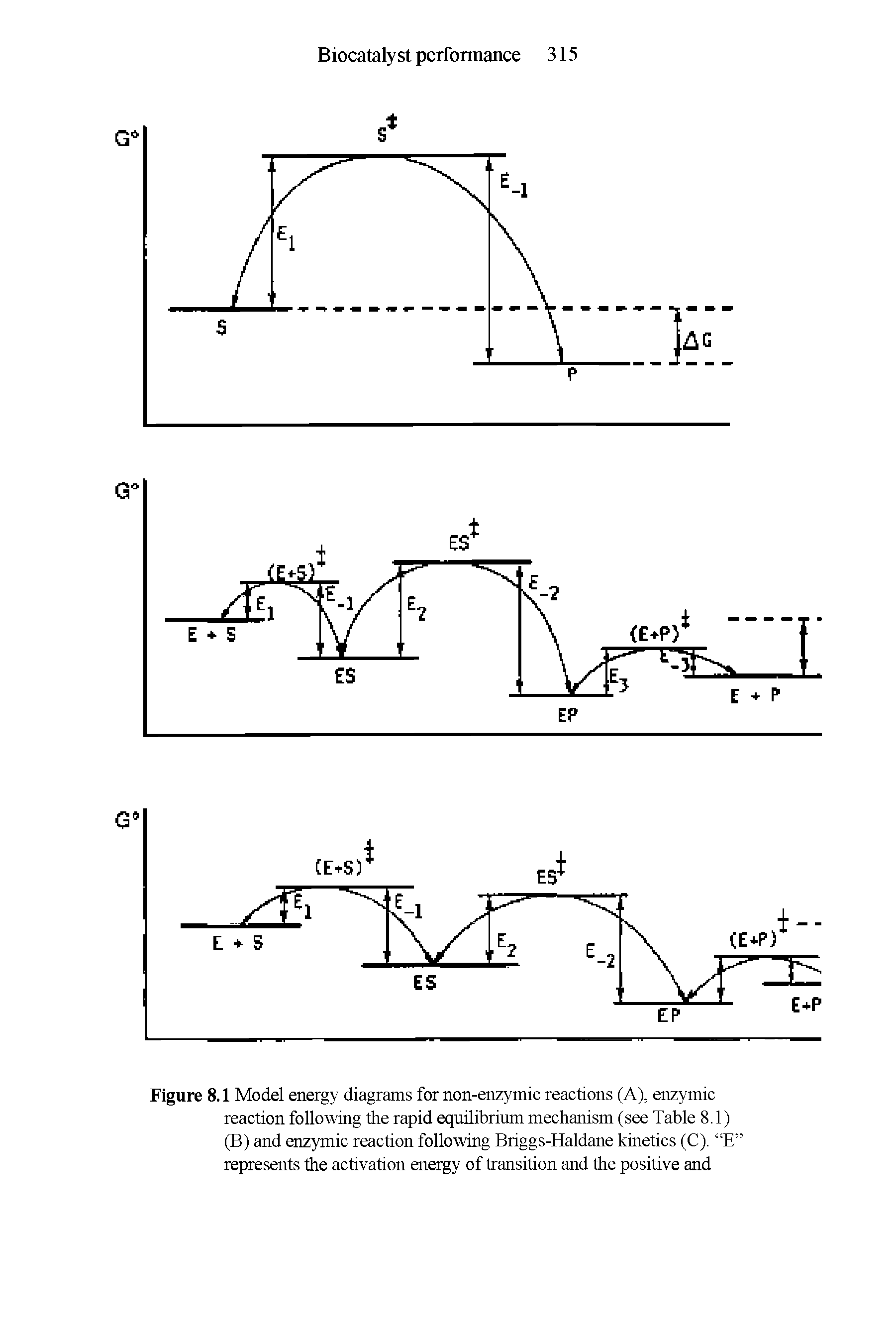 Figure 8.1 Model energy diagrams for non-enzymic reactions (A), enzymic reaction following the rapid equilibrium mechanism (see Table 8.1) (B) and enzymic reaction following Briggs-Haldane kinetics (C). E represents the activation energy of transition and the positive and...