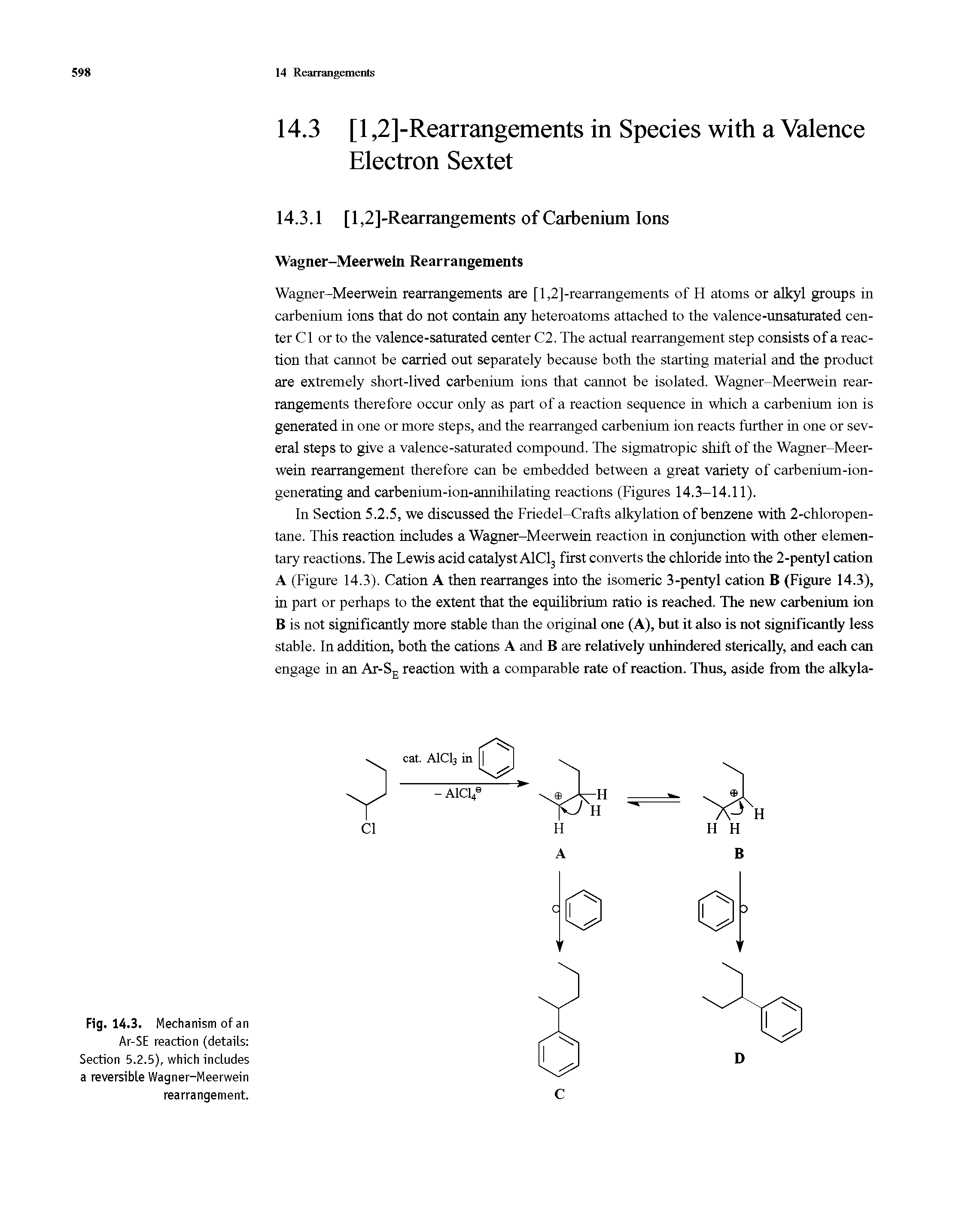 Fig. 14.3. Mechanism of an Ar-SE reaction (details Section 5.2.5), which includes a reversible Wagner-Meerwein rearrangement.