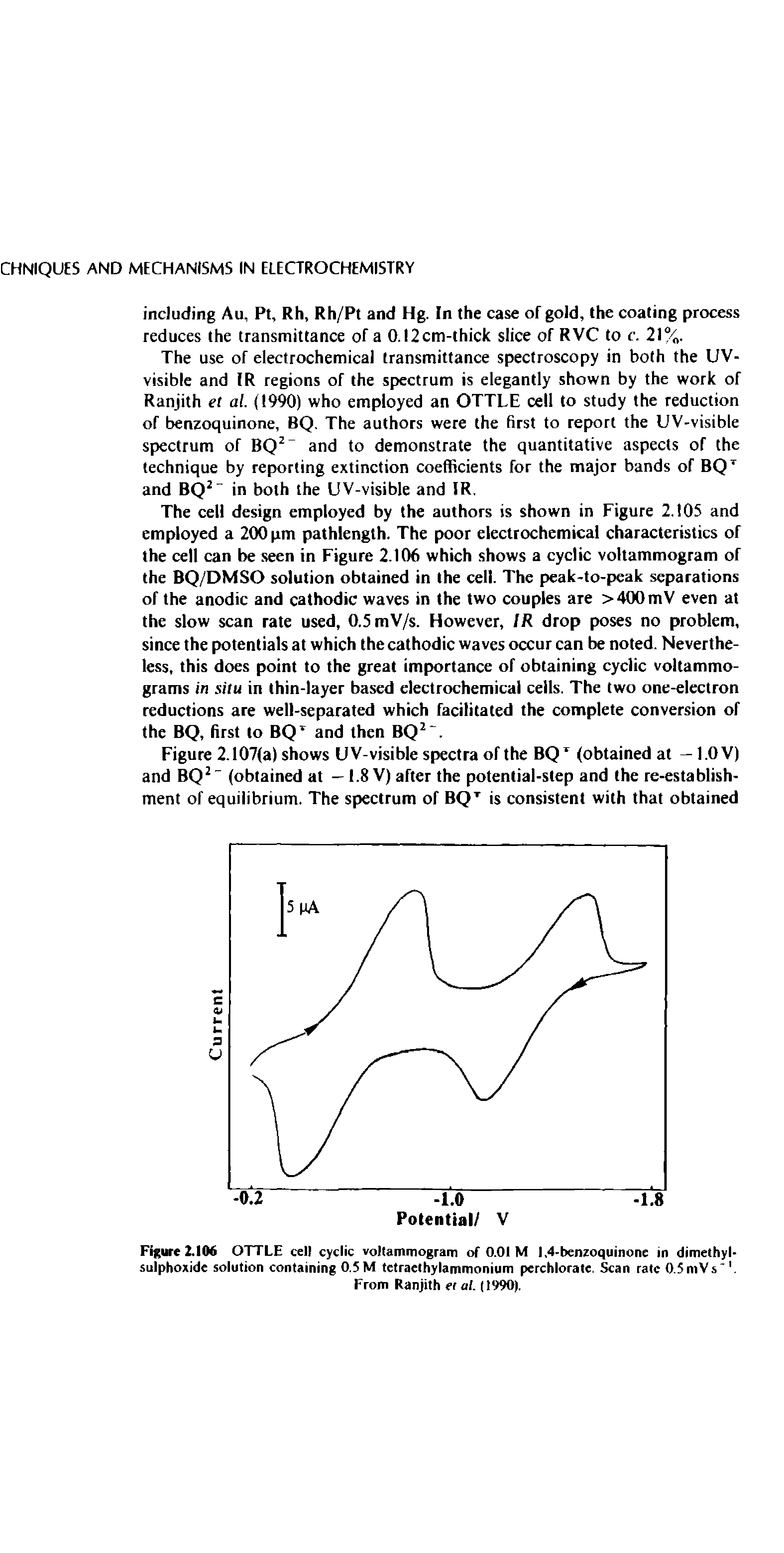 Figure 2.106 OTTLE cell cyclic voltammogram of 0.01 M 1,4-benzoquinone in dimethyl-suiphoxide solution containing 0.5M tetraethylammonium perchlorate. Scan rate 0.5mVs. ...