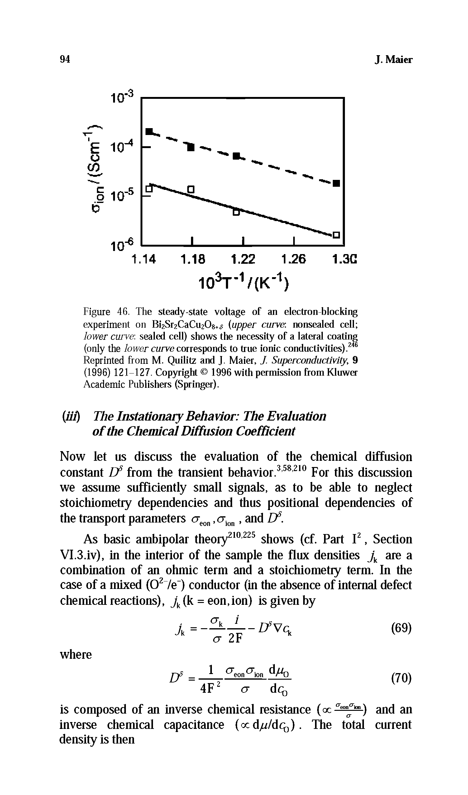 Figure 46. The steady-state voltage of an electron-blocking experiment on ISFSr CaCi Og - (upper curve, nonsealed cell lower curve, sealed cell) shows the necessity of a lateral coating (only the lower curve corresponds to true ionic conductivities).246 Reprinted from M. Quilitz and J. Maier, J. Superconductivity, 9 (1996) 121-127. Copyright 1996 with permission fromKluwer Academic Publishers (Springer).