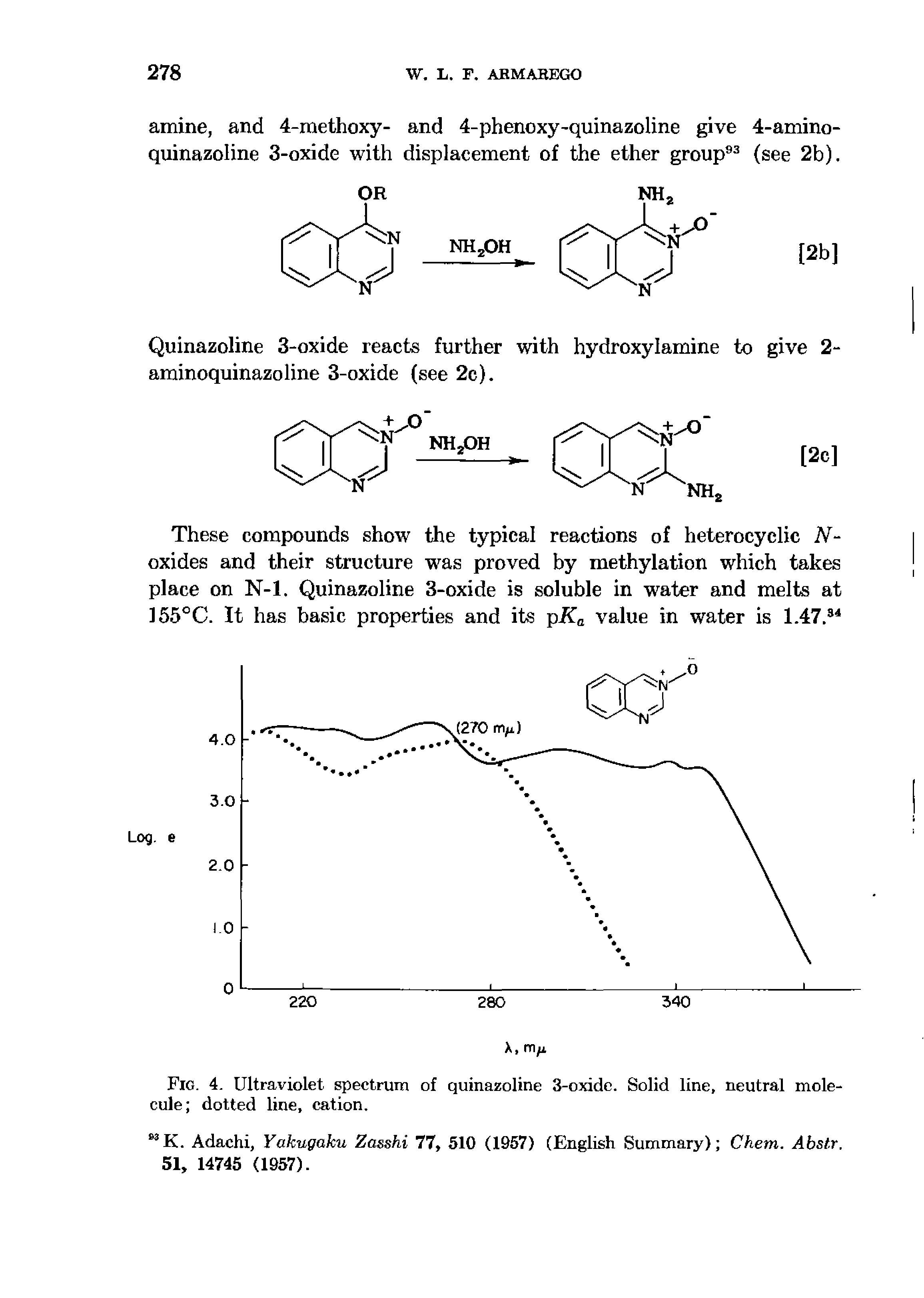 Fig. 4. Ultraviolet spectrum of quinazoline 3-oxidc. Solid line, neutral molecule dotted line, cation,...