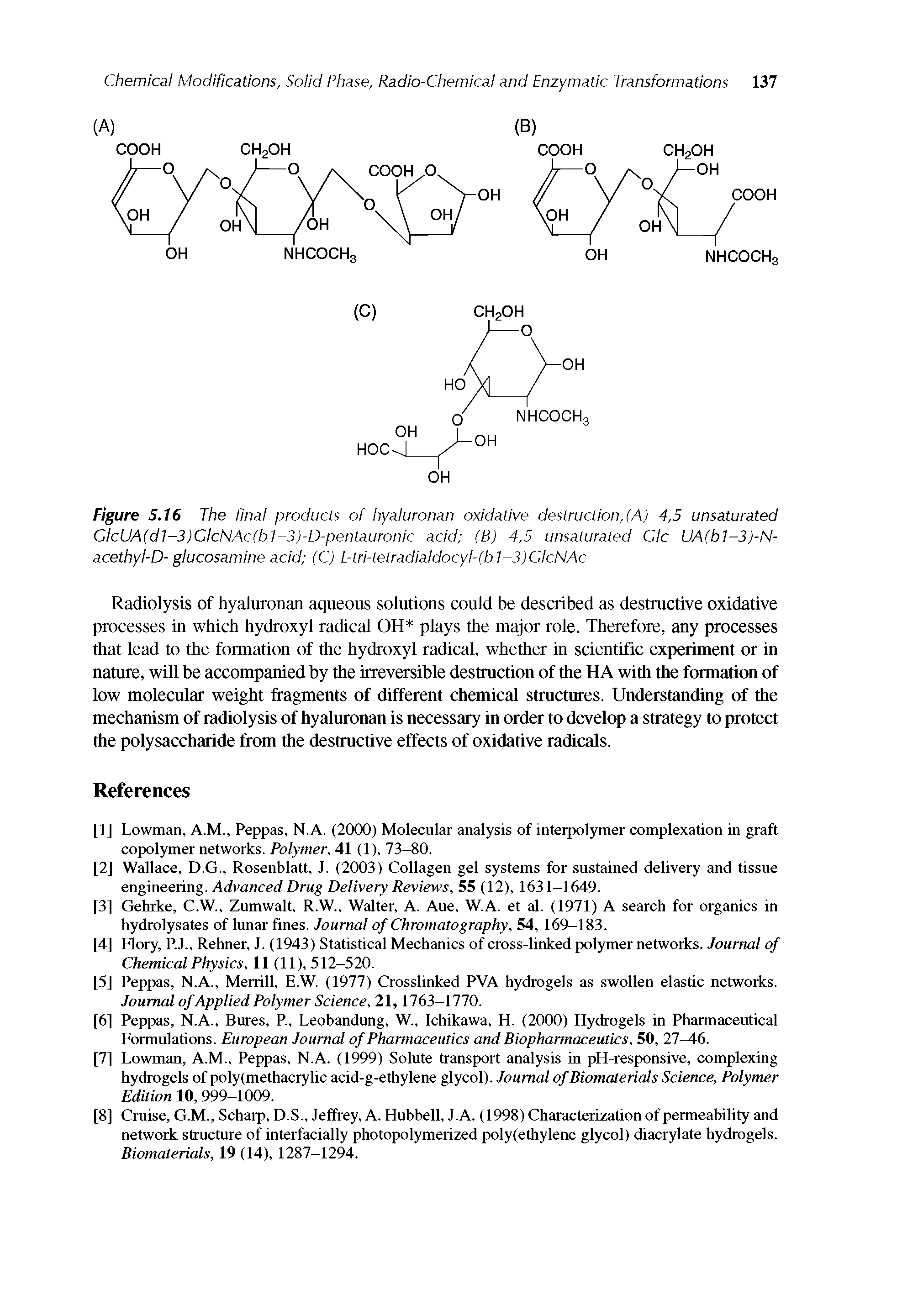 Figure 5.16 The final products of hyaiuronan oxidative destruction,(A) 4,5 unsaturated ClcUA(d1-3)ClcNAc(bi-3)-D-pentauronic acid (B) 4,5 unsaturated Glc UA(bl-3)-N-acethyl-D- glucosamine acid (C) L-tri-tetradialdocyl-(bi-3)ClcNAc...