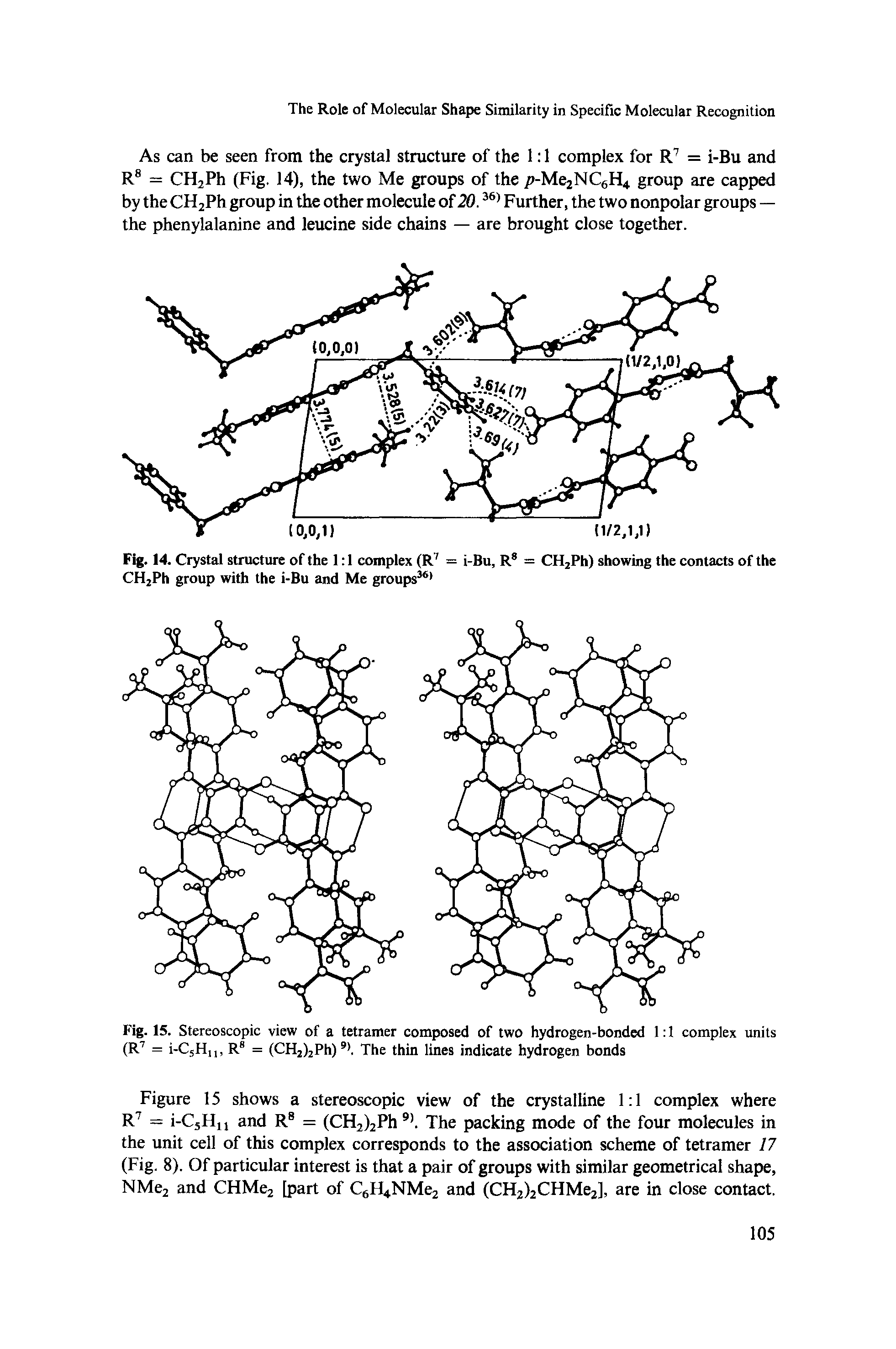 Figure 15 shows a stereoscopic view of the crystalline 1 1 complex where R7 = i-CsHn and R8 = (CH2)2Ph 9). The packing mode of the four molecules in the unit cell of this complex corresponds to the association scheme of tetramer 17 (Fig. 8). Of particular interest is that a pair of groups with similar geometrical shape, NMe2 and CHMe2 [part of C6H4NMe2 and (CH2)2CHMe2], are in close contact.