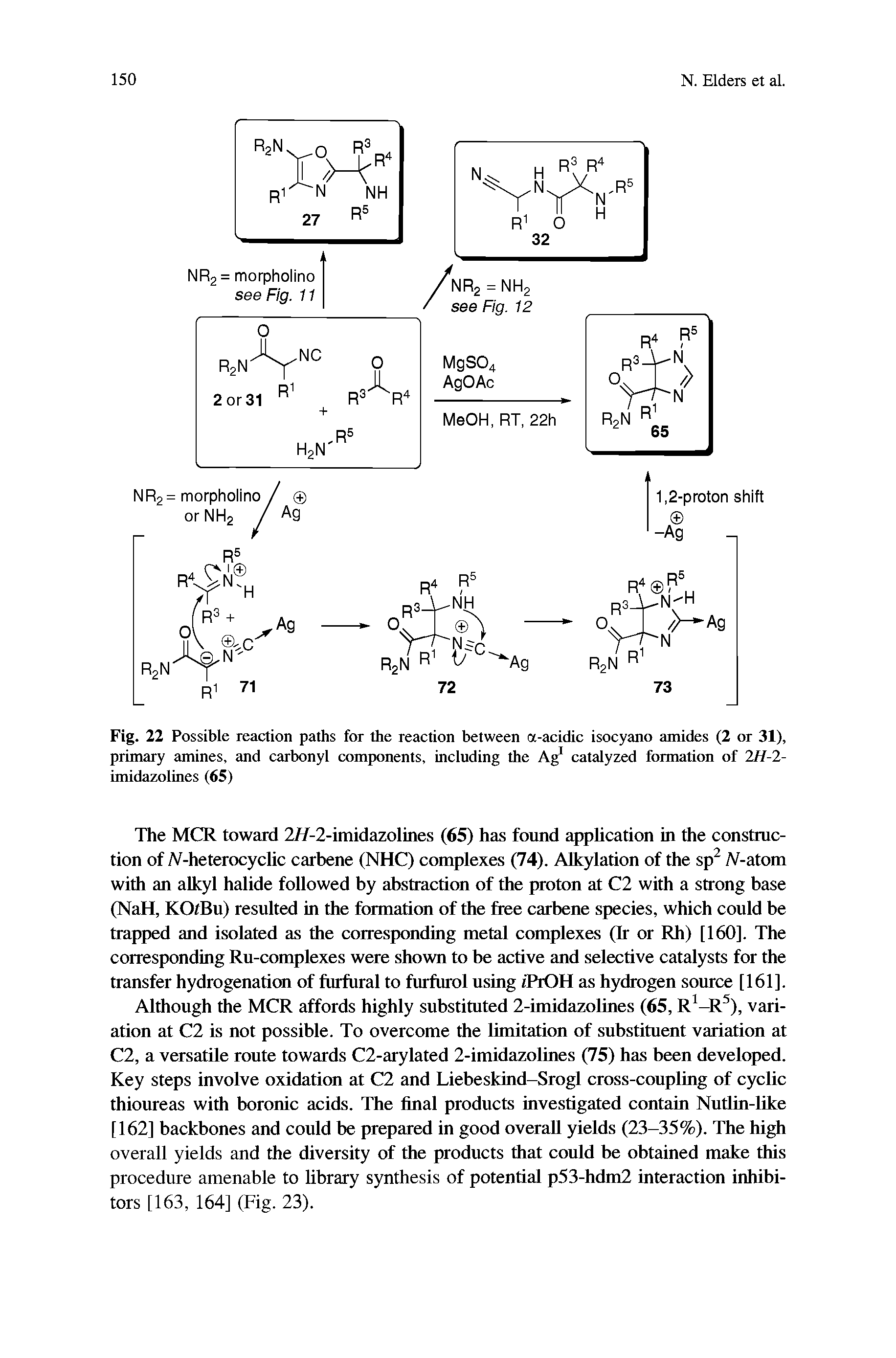 Fig. 22 Possible reaction paths for the reaction between a-acidic isocyano amides (2 or 31), primary amines, and carbonyl components, including the Ag catalyzed formation of 2//-2-imidazolines (65)...