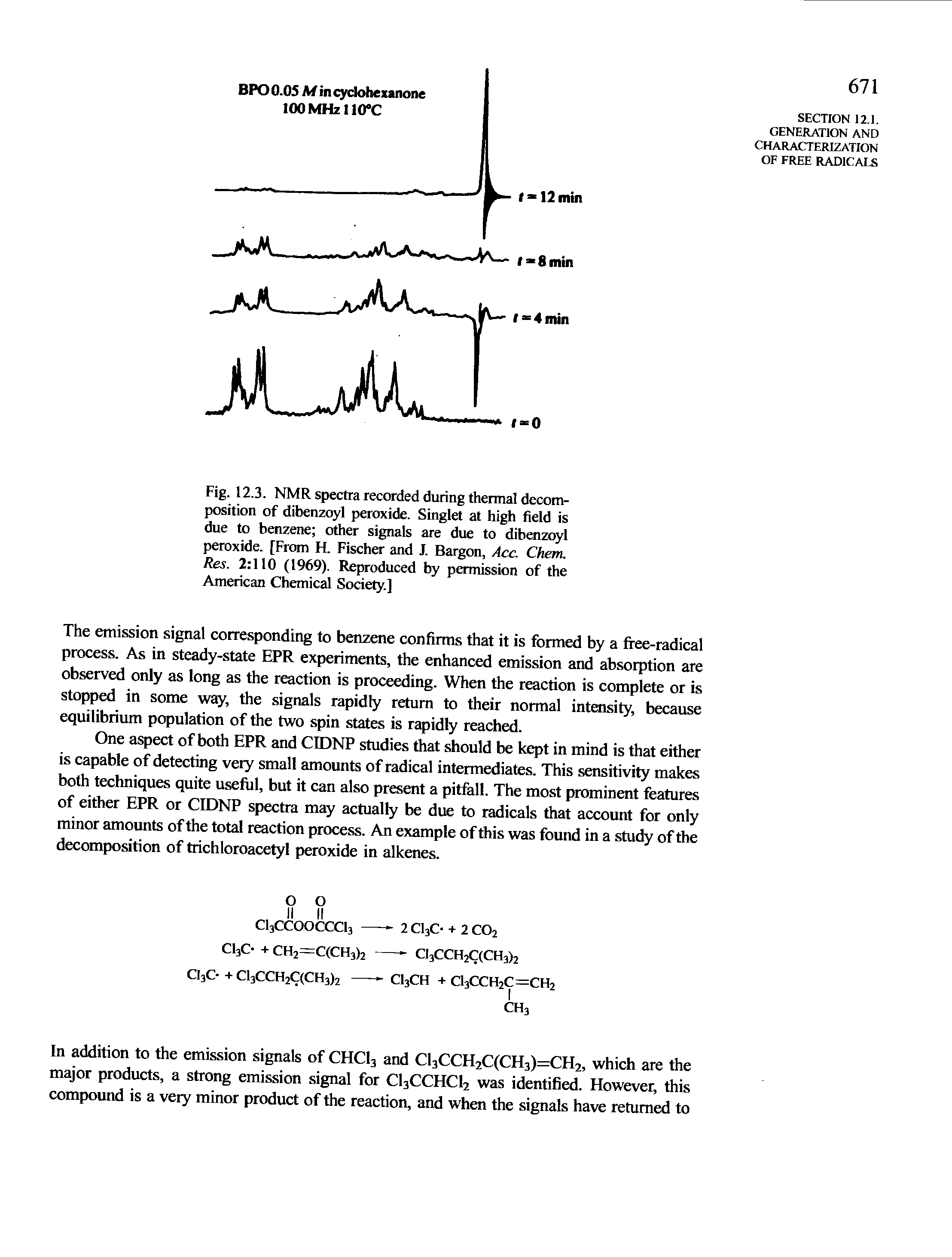 Fig. 12.3. NMR spectra recorded during thermal decomposition of dibenzoyl peroxide. Singlet at high field is due to benzene other signals are due to dibenzoyl peroxide. [From H. Fischer and J. Bargon, Acc. Chem. Res. 2 110 (1969). Reproduced by permission of the American Chemical Society.]...