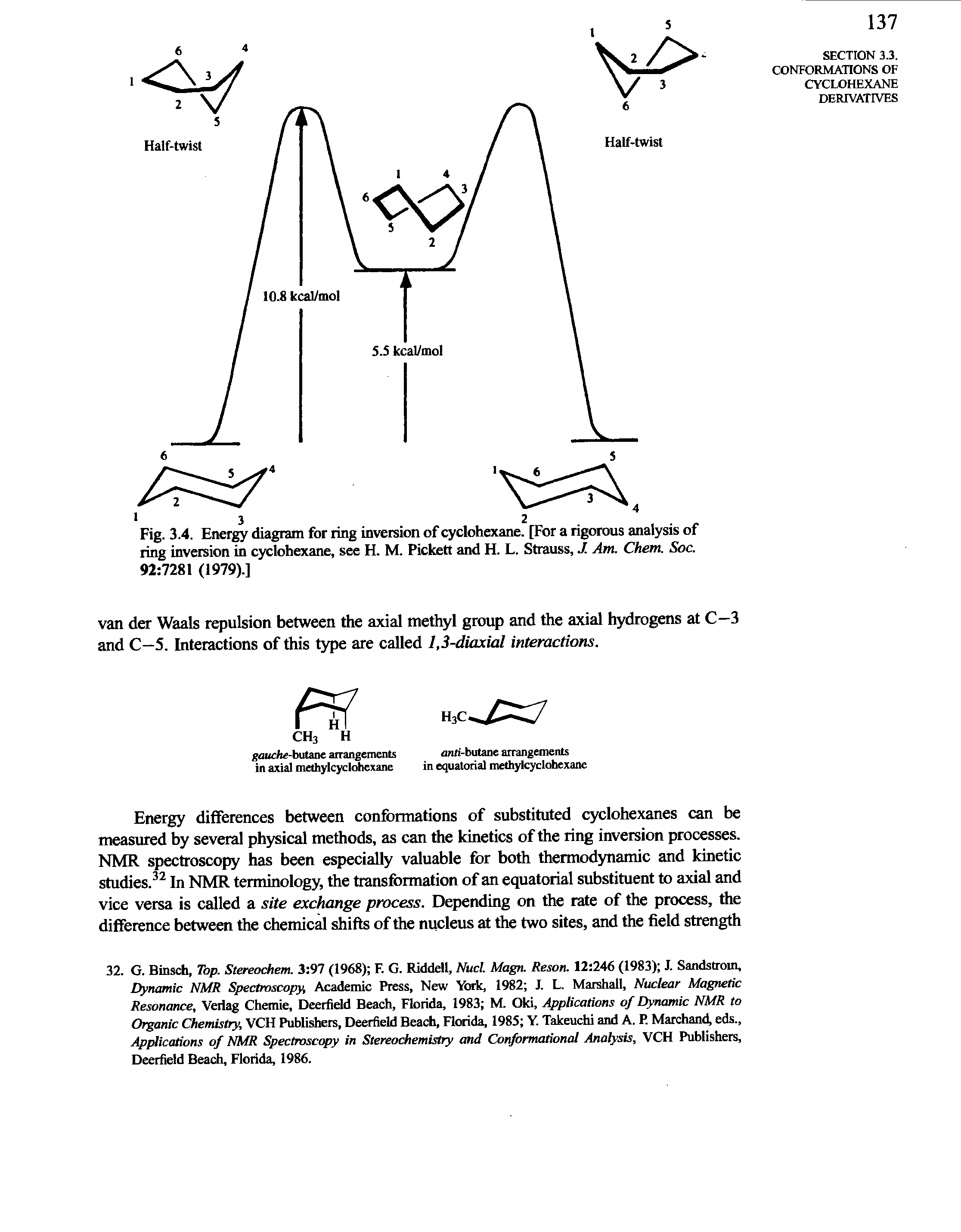 Fig. 3.4. Energy diagram for ring inversion of cyclohexane. [For a rigorous analysis of ring inversion in cyclohexane, see H. M. Pickett and H. L. Strauss, J Am. Chem. Soc. 92 7281 (1979).]...