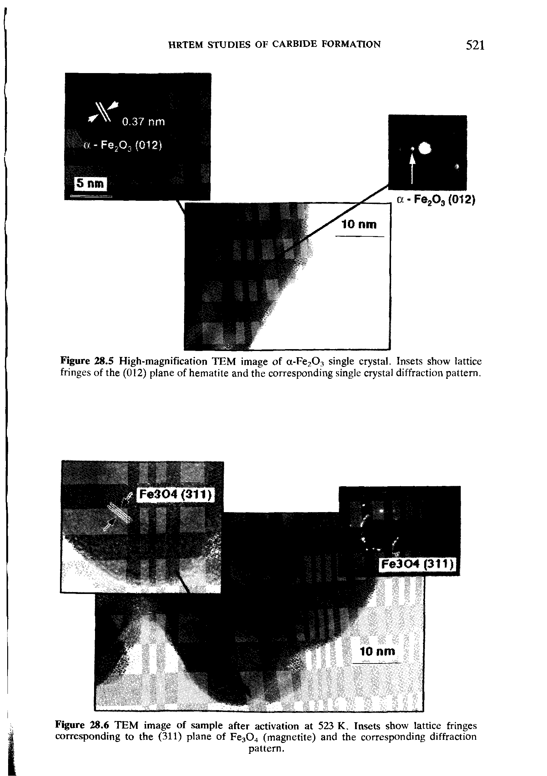 Figure 28.6 TEM image of sample after activation at 523 K. Insets show lattice fringes corresponding to the (311) plane of Fe304 (magnetite) and the corresponding diffraction...