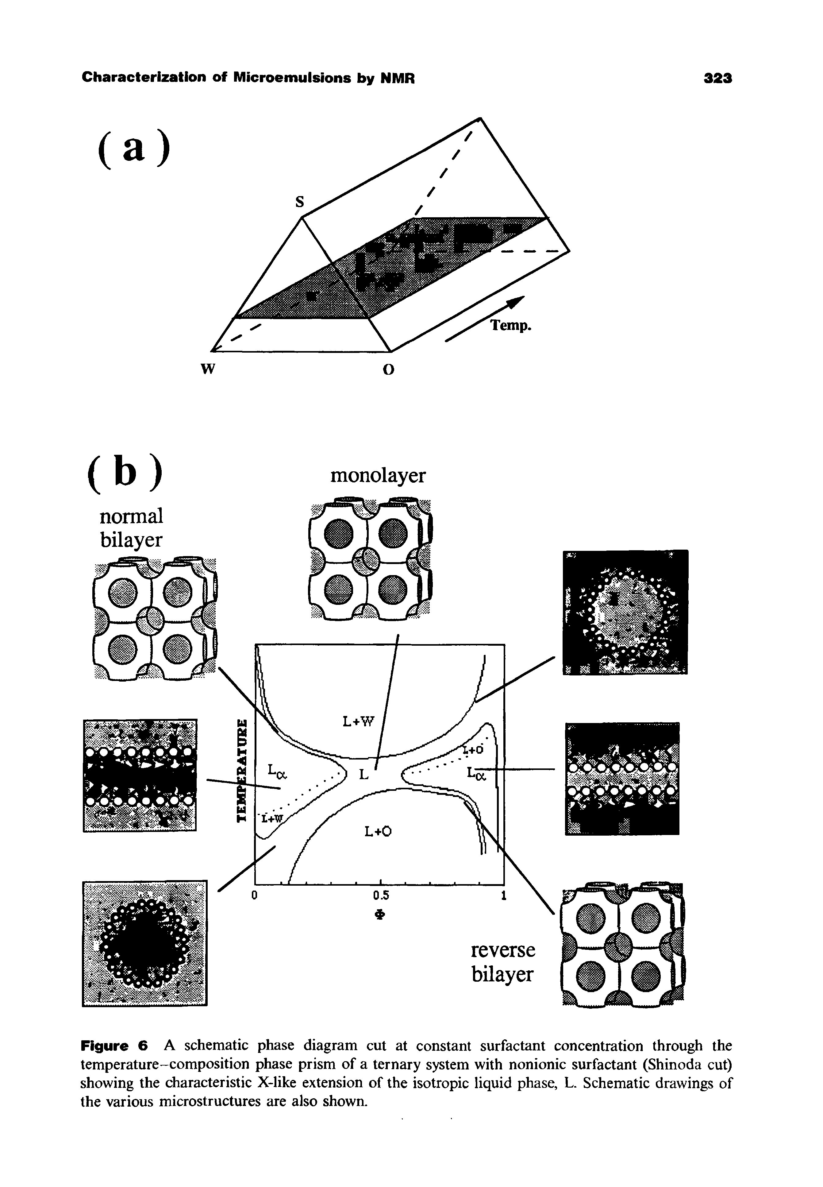 Figure 6 A schematic phase diagram cut at constant surfactant concentration through the temperature-composition phase prism of a ternary system with nonionic surfactant (Shinoda cut) showing the characteristic X-like extension of the isotropic liquid phase, L. Schematic drawings of the various microstructures are also shown.