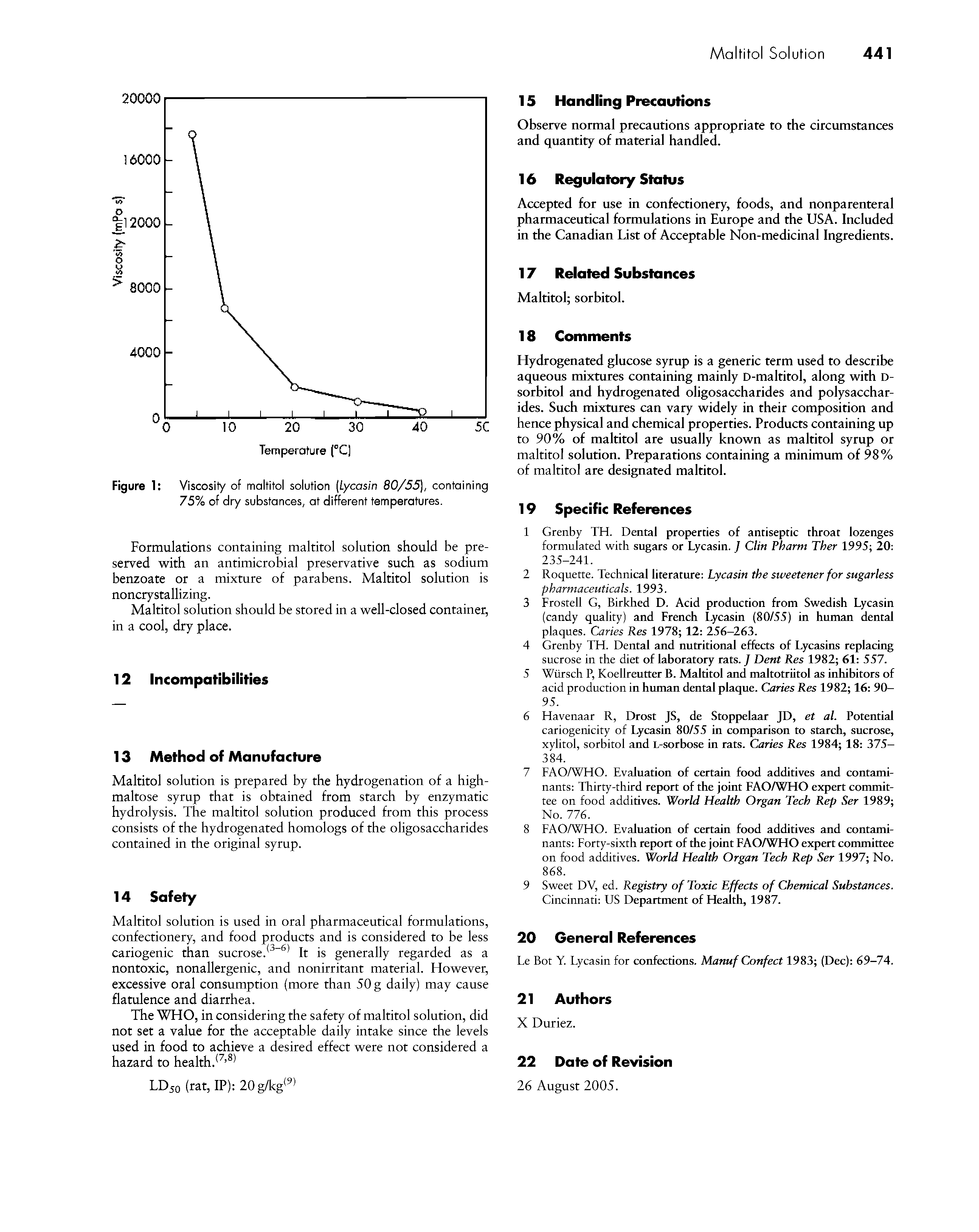 Figure 1 Viscosity of maltitol solution [Lycasin 80/55), containing 75% of dry substances, at different temperatures.