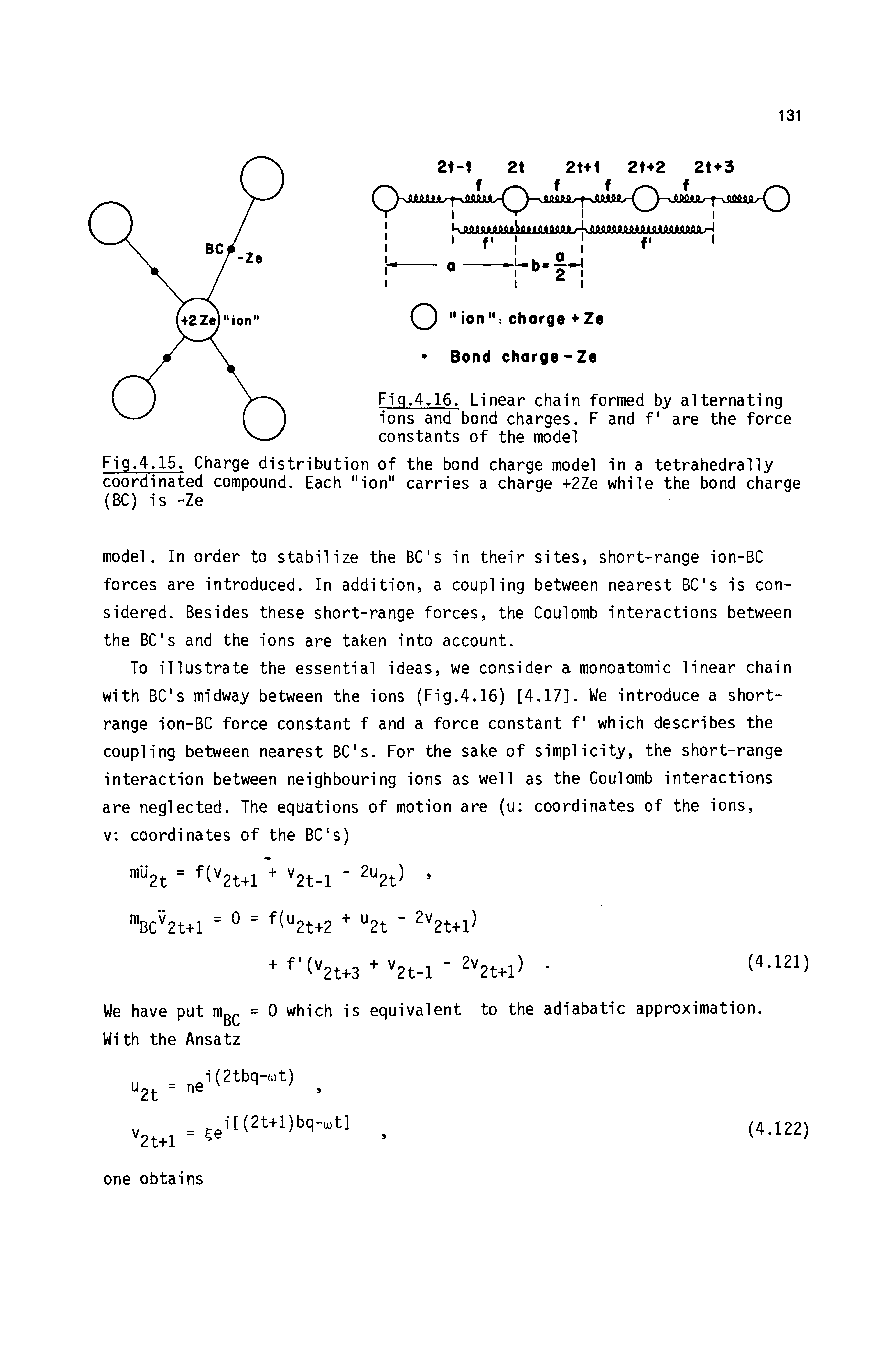 Fig.4.15. Charge distribution of the bond charge model in a tetrahedrally coordinated compound. Each "ion" carries a charge +2Ze while the bond charge (BC) is -Ze...