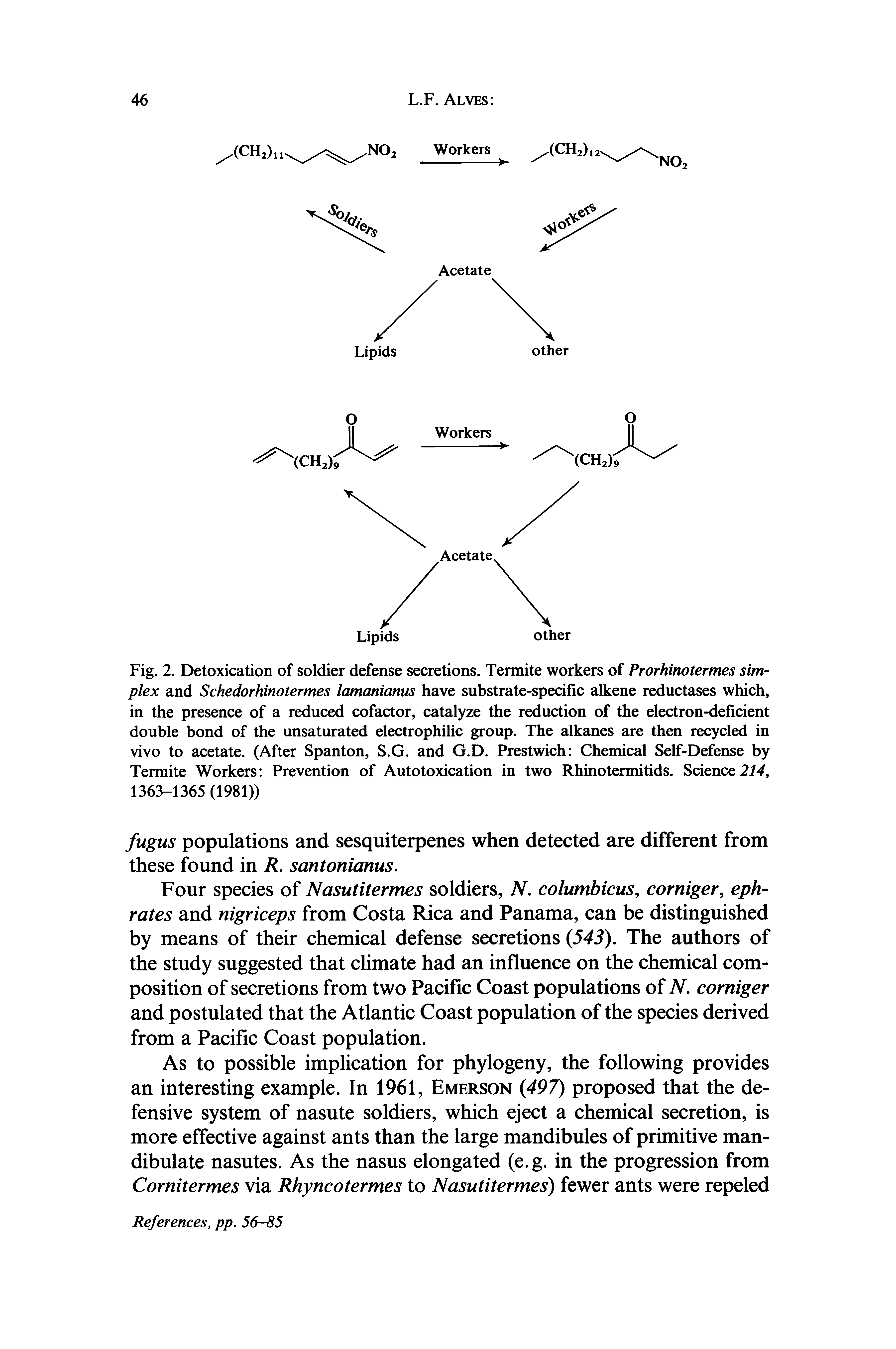 Fig. 2. Detoxication of soldier defense secretions. Termite workers of Prorhino ermessm plex and Schedorhinotermes lamanianus have substrate-specific alkene reduc ases w ic, in the presence of a reduced cofactor, catalyze the reduction of the electron e laent double bond of the unsaturated electrophilic group. The alkanes are then ret c in vivo to acetate. (After Spanton, S.G. and G.D. Prestwich Chemical Self De ense y Termite Workers Prevention of Autotoxication in two Rhinotermitids. Science 4, 1363-1365 (1981))...