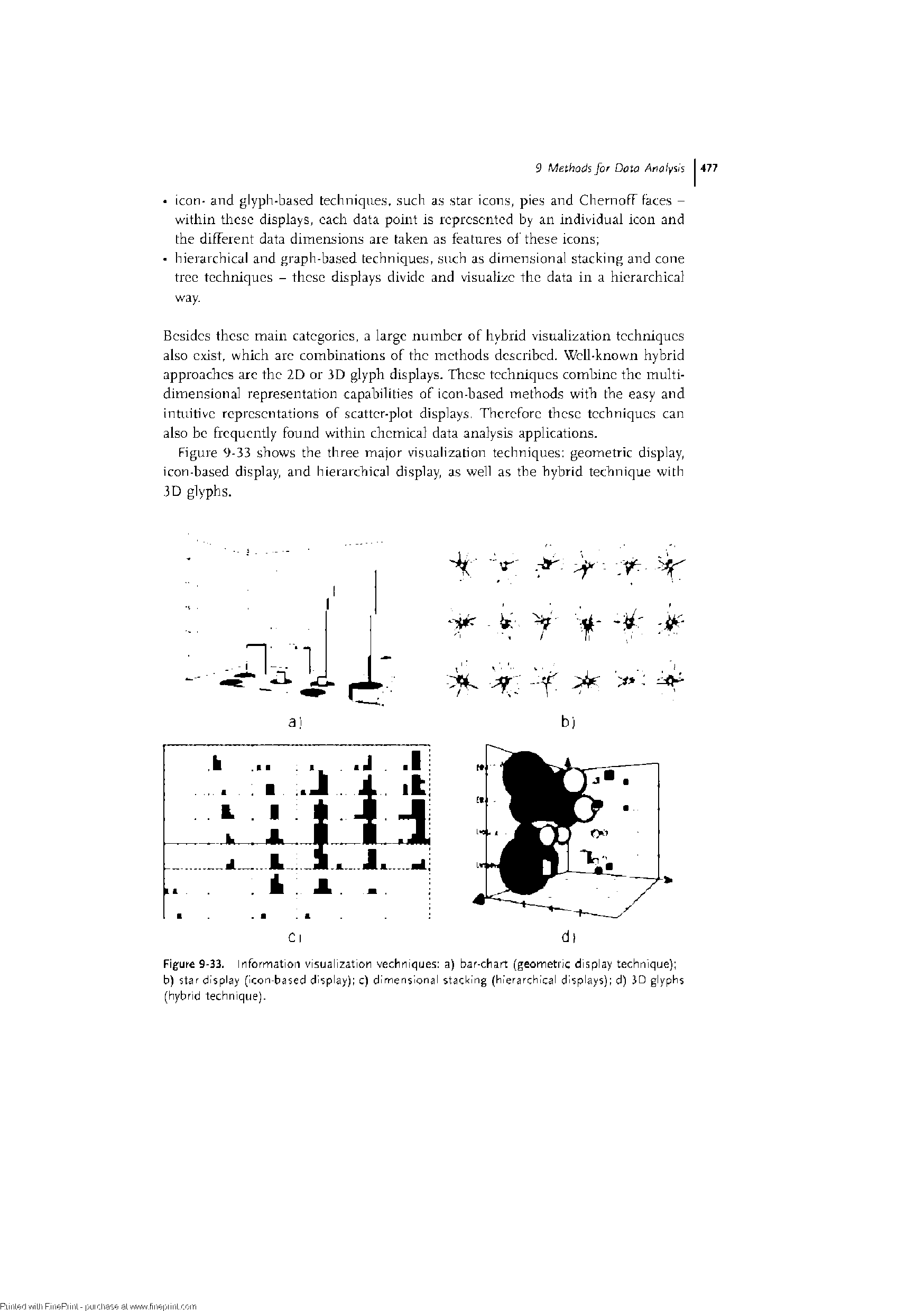 Figure 9-33. Information visualization vechniques a) bar-chari (geometric display technique) b) star display (icon-based display) c) dImen Ional stacking (hierarchical displays) d) JD glyphs (hybrid technique).