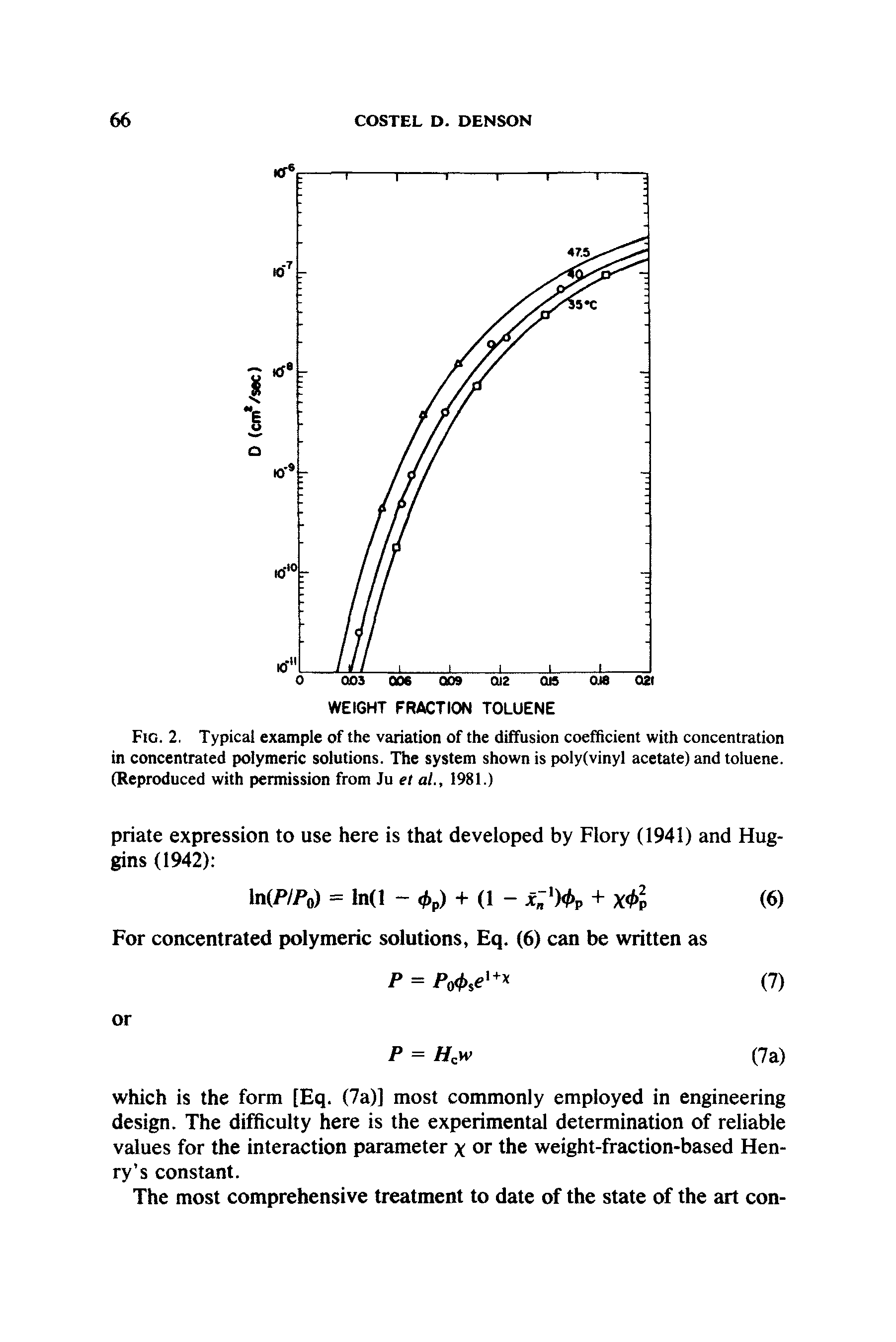 Fig. 2. Typical example of the variation of the diffusion coefficient with concentration in concentrated polymeric solutions. The system shown is polyfvinyl acetate) and toluene. (Reproduced with permission from Ju el al., 1981.)...